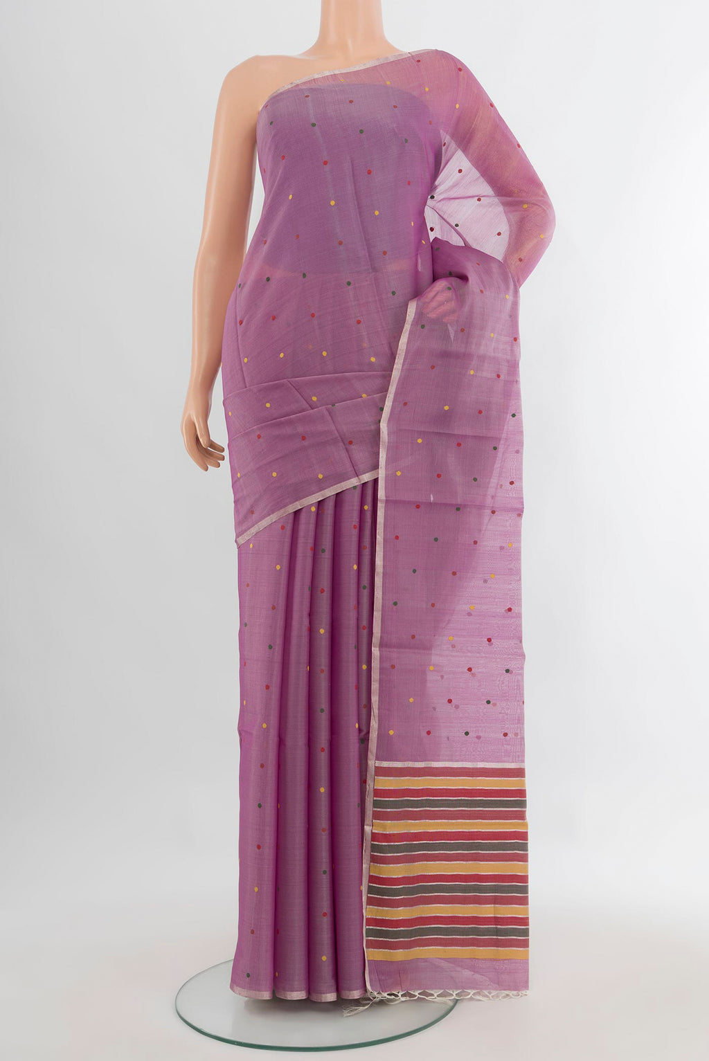 Lavender Tussar Saree with Thread Butta on the body and Without Border.  displayed on a mannequin