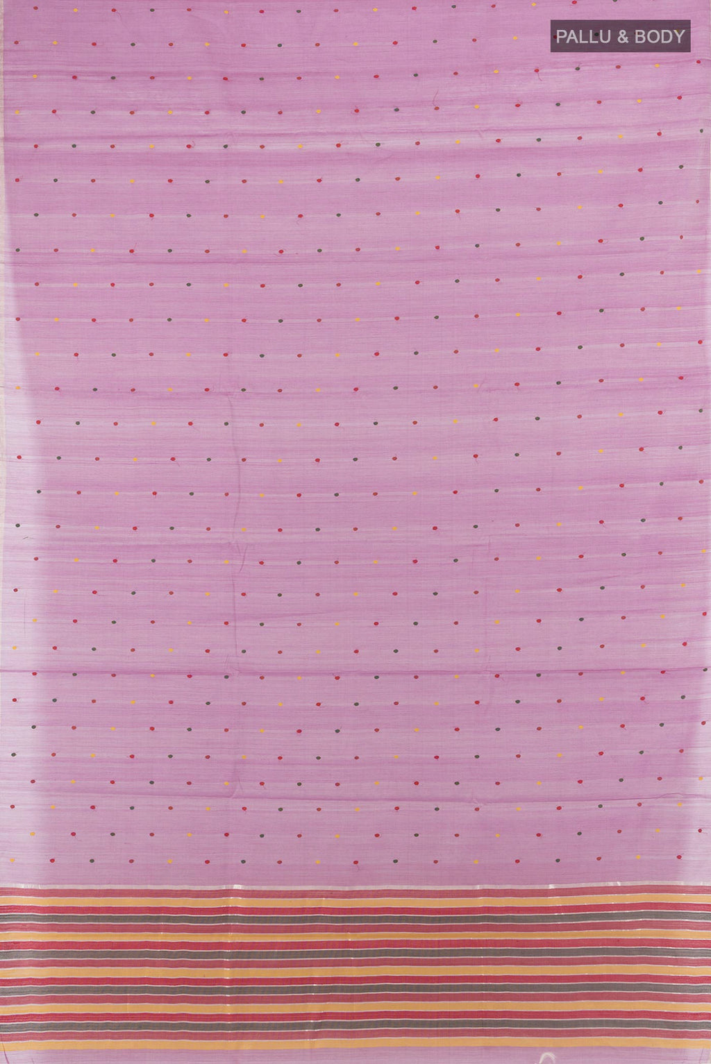 Flat view of Lavender Tussar Saree with Thread Butta on the body and Without Border. 