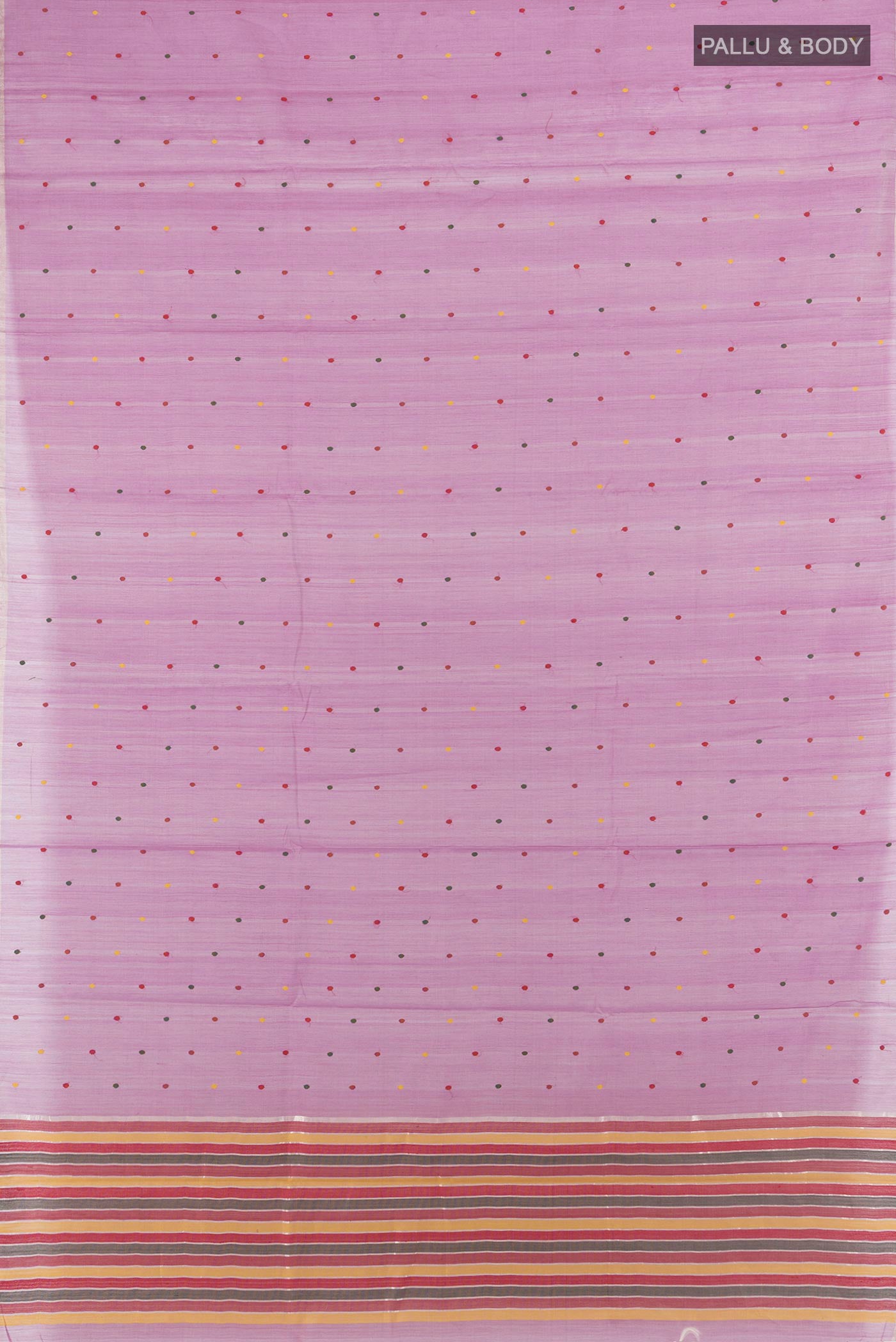 Flat view of Lavender Tussar Saree with Thread Butta on the body and Without Border. 
