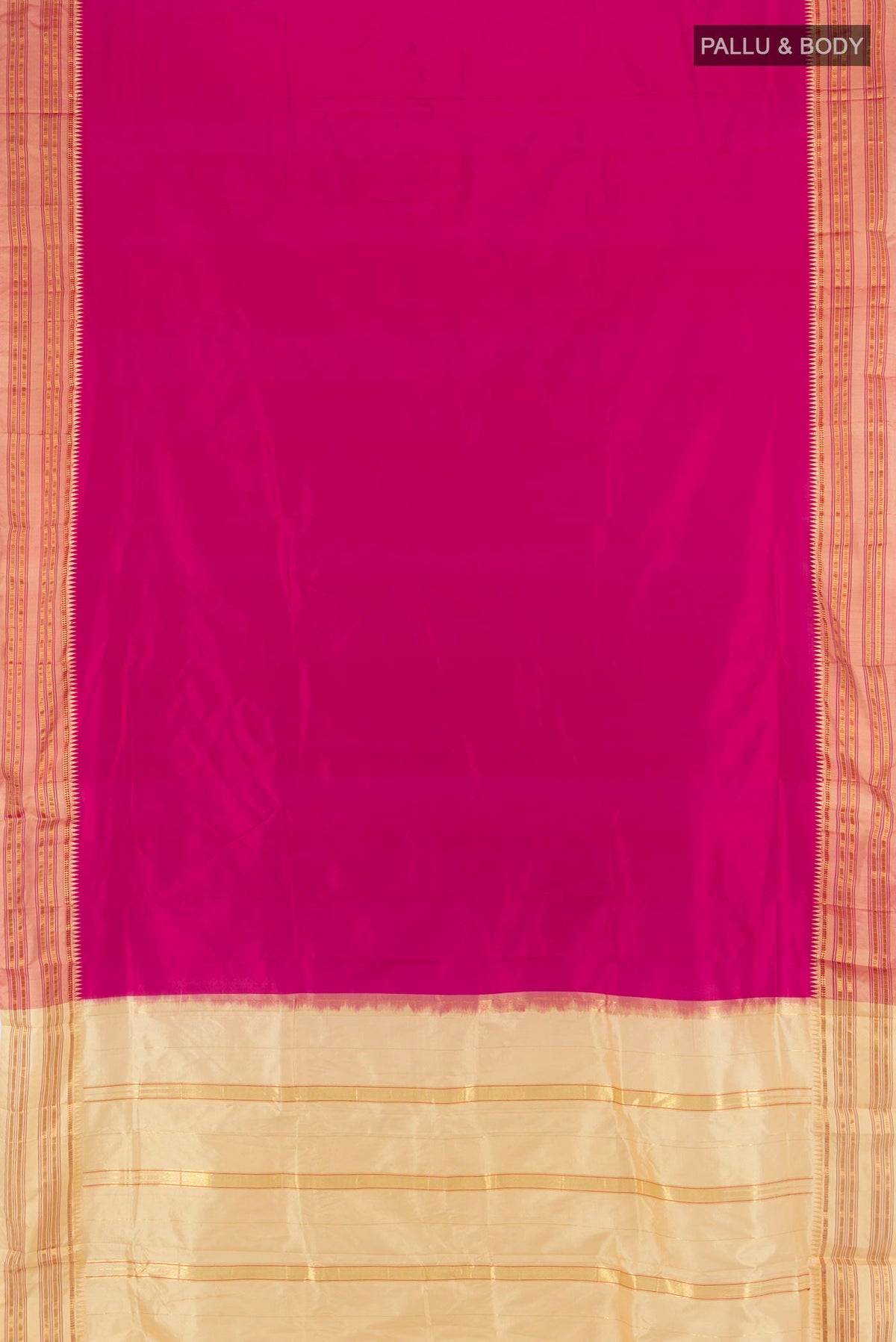 Flat view of Pure Silk Dark Pink Narayanpet Saree with Plain Body and Zari Border. 