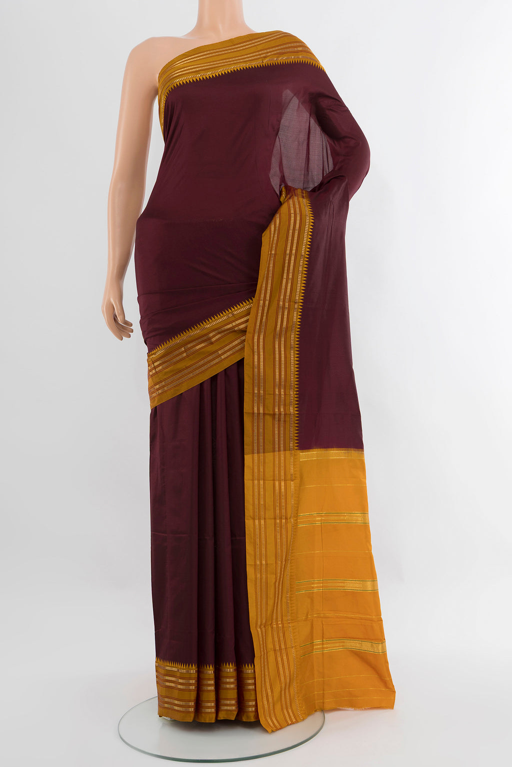 Coffee Brown Narayanpet Silk Saree with Plain Body and Zari Border.  displayed on a mannequin