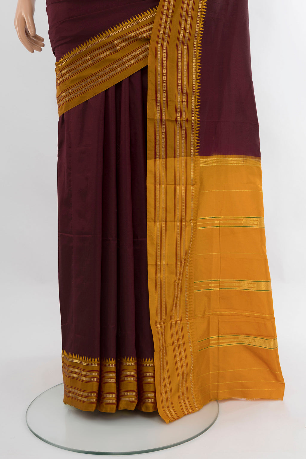 Pleats and pallu of Coffee Brown Narayanpet Silk Saree with Plain Body and Zari Border. 
