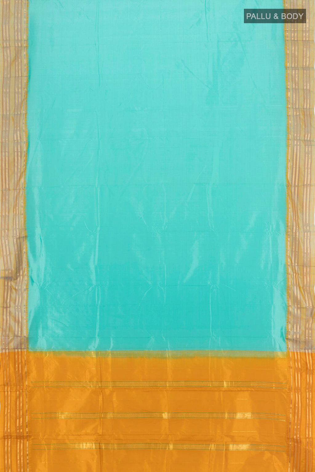 Flat view of Sky Blue Narayanpet Silk Saree with Plain Body and Zari Border. 