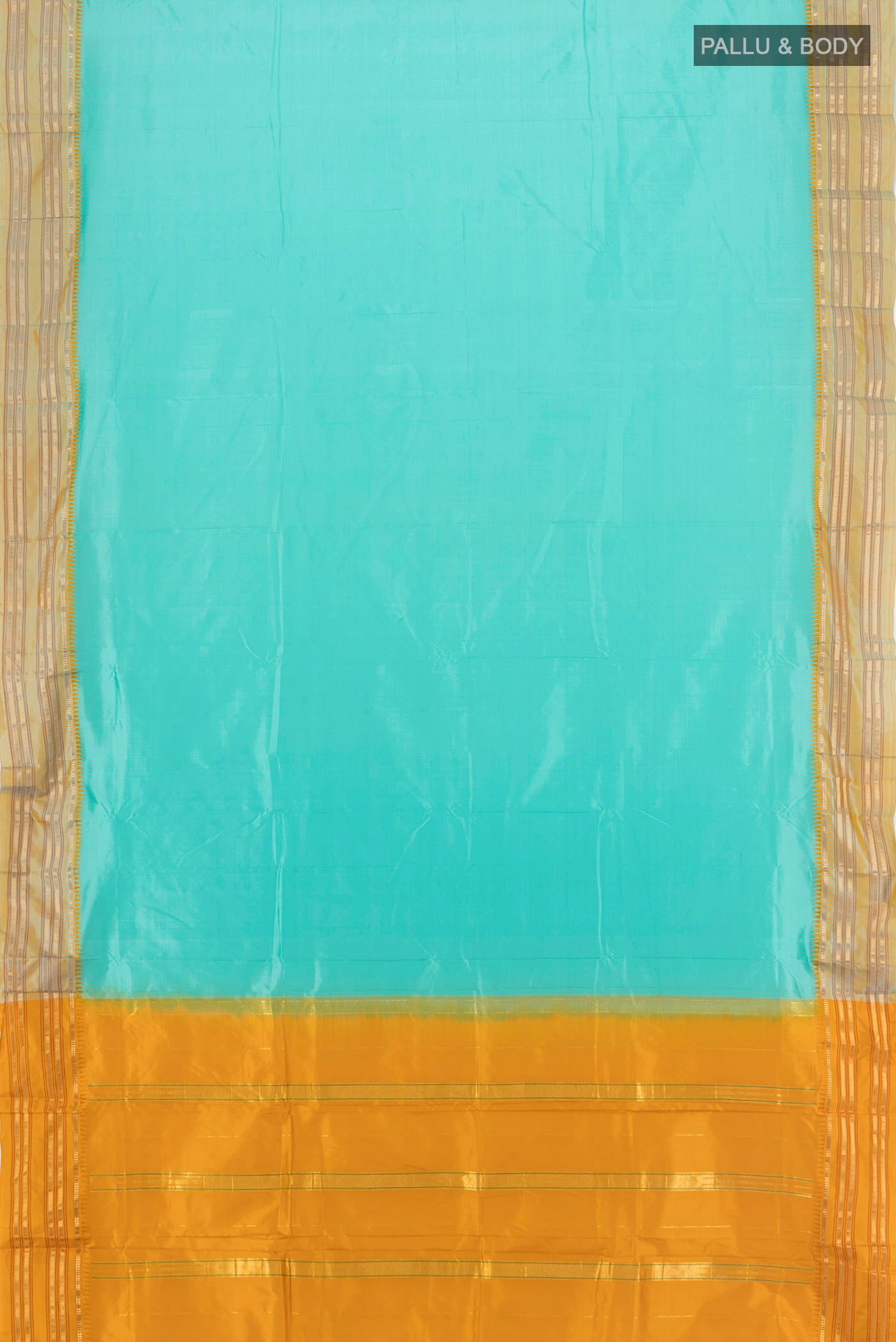 Flat view of Sky Blue Narayanpet Silk Saree with Plain Body and Zari Border. 