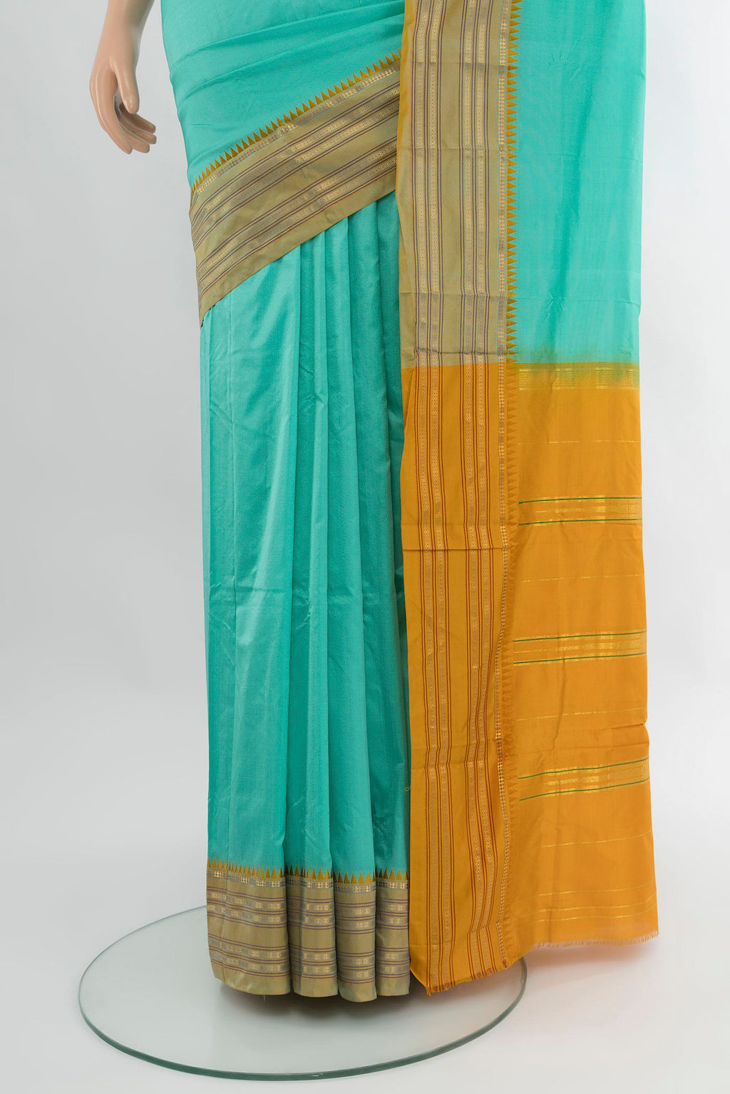 Pleats and pallu of Sky Blue Narayanpet Silk Saree with Plain Body and Zari Border. 