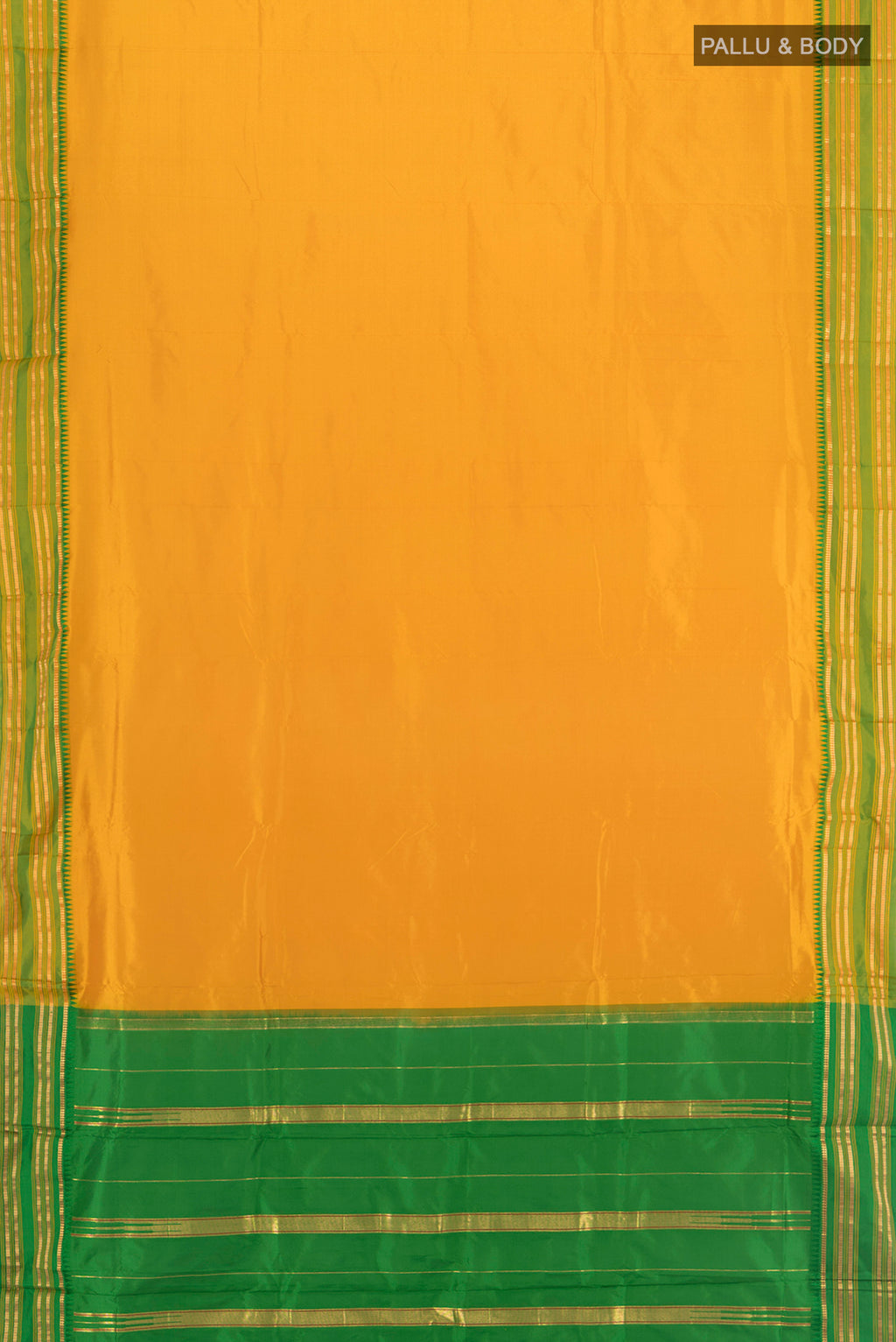 Flat view of Mustard Narayanpet Silk Saree with Plain Body and Zari Border. 