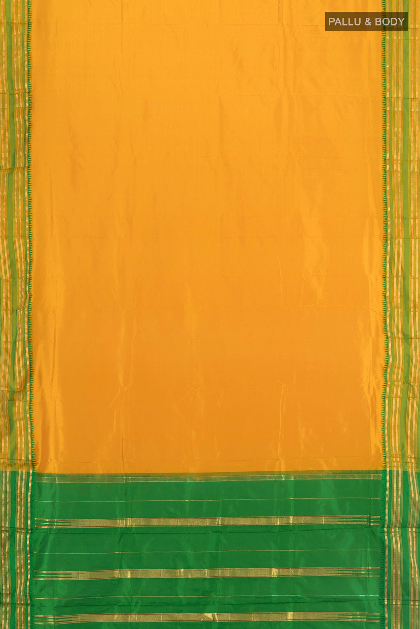 Flat view of Mustard Narayanpet Silk Saree with Plain Body and Zari Border. 