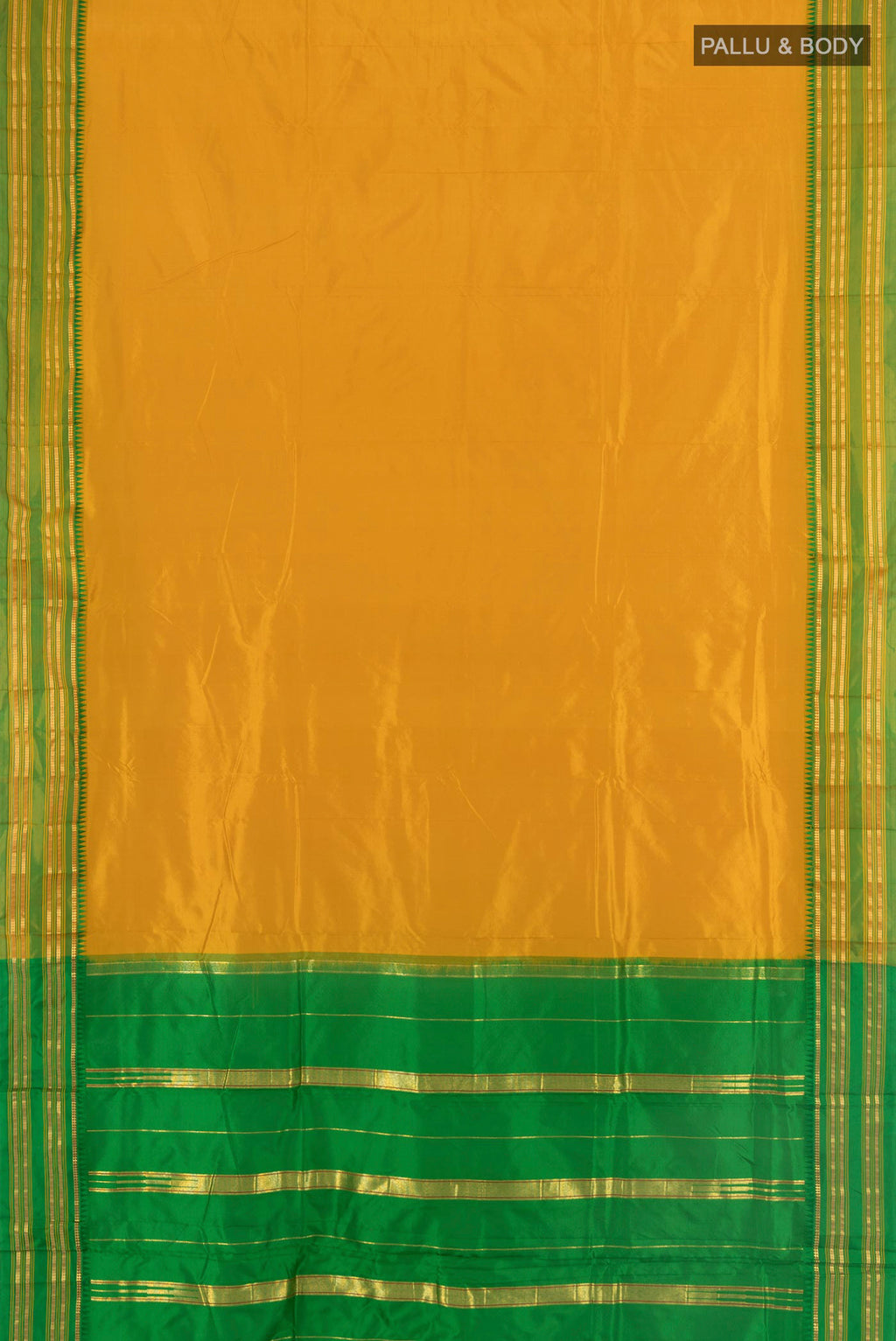 Flat view of Mustard Narayanpet Silk Saree with Plain Body and Silk Border. 