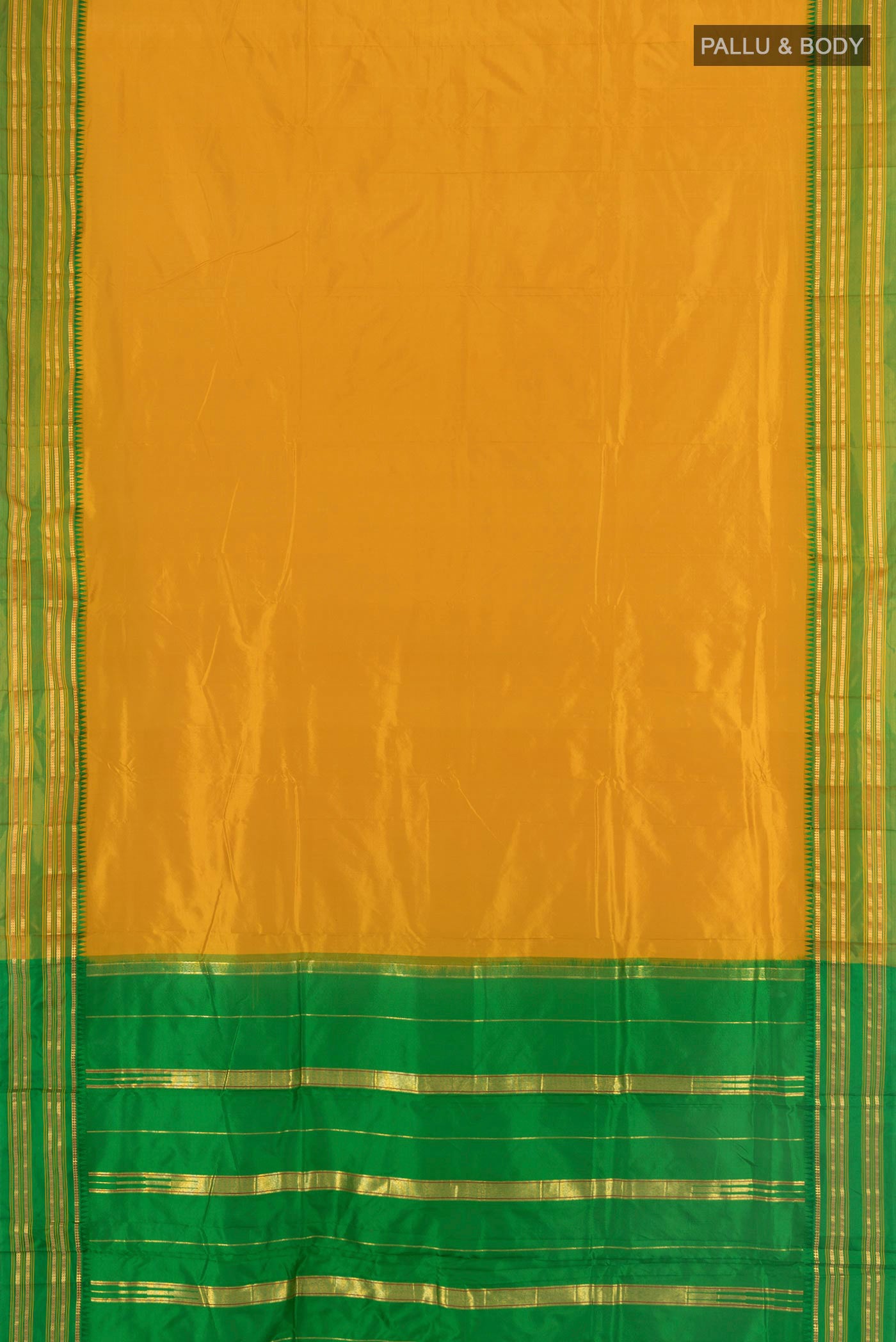 Flat view of Mustard Narayanpet Silk Saree with Plain Body and Silk Border. 