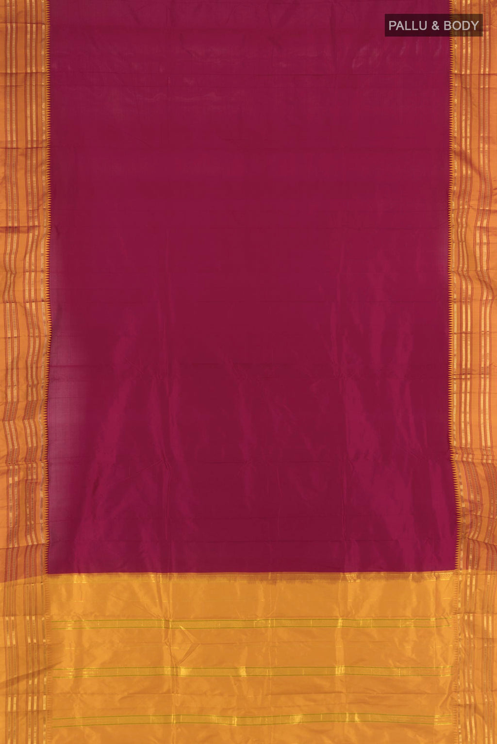 Flat view of Maroon Narayanpet Silk Saree with Plain Body and Silk Border. 
