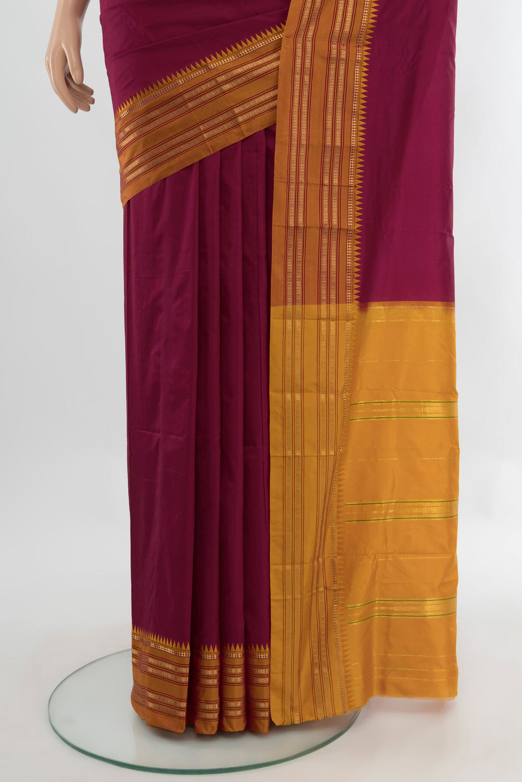 Pleats and pallu of Maroon Narayanpet Silk Saree with Plain Body and Silk Border. 