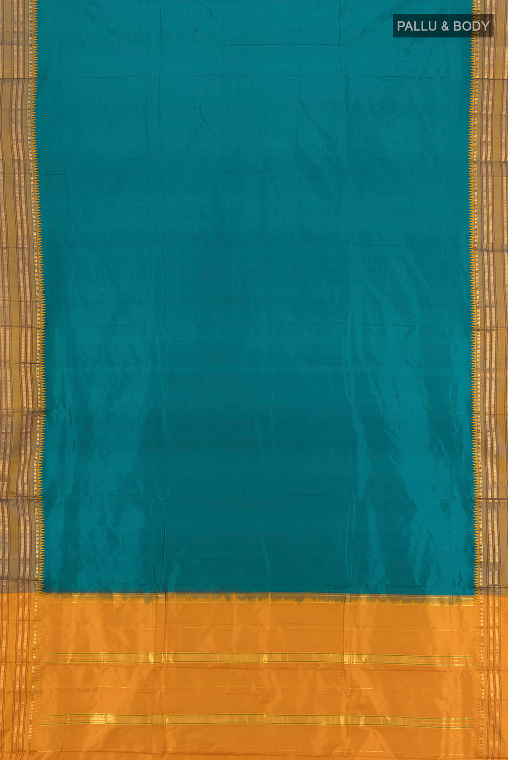 Flat view of Peacock Blue Narayanpet Silk Saree with Plain Body and Zari Border. 