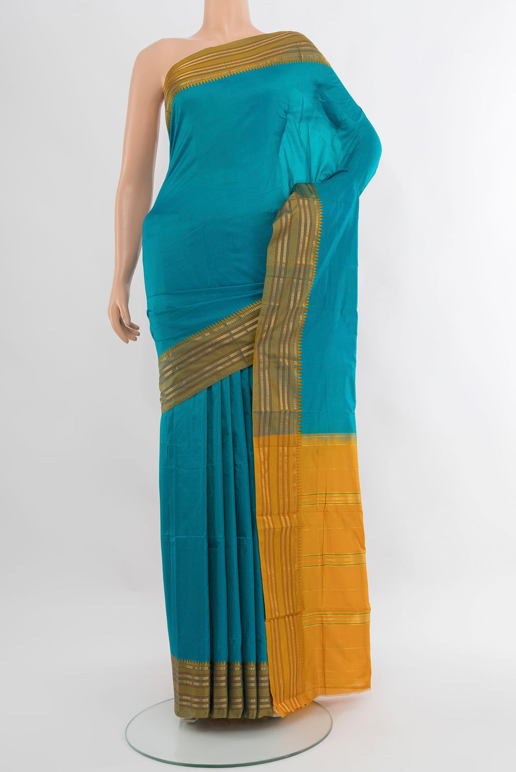 Blue Narayanpet Silk Saree with Plain Body and Zari Border.  displayed on a mannequin