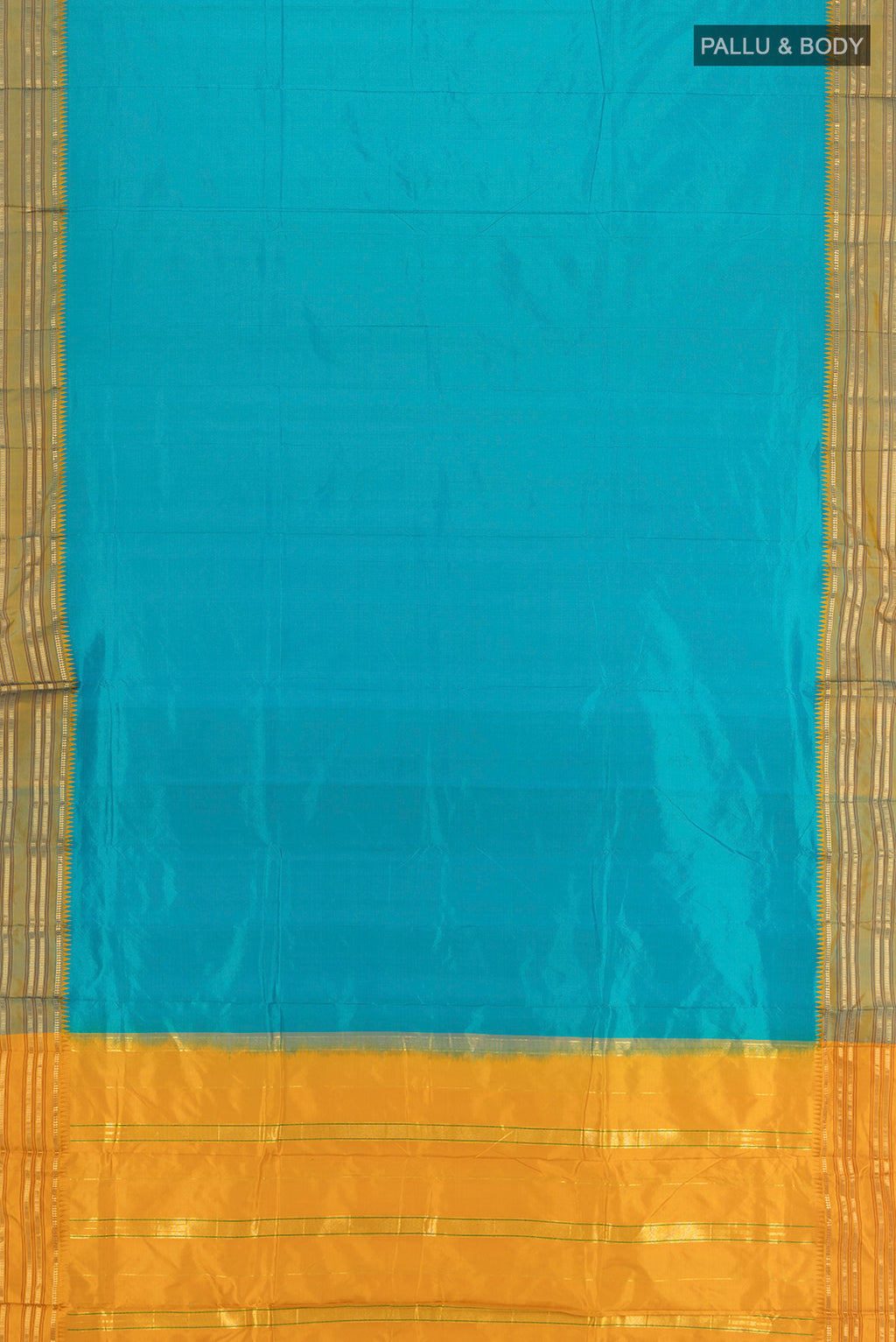 Flat view of Blue Narayanpet Silk Saree with Plain Body and Zari Border. 