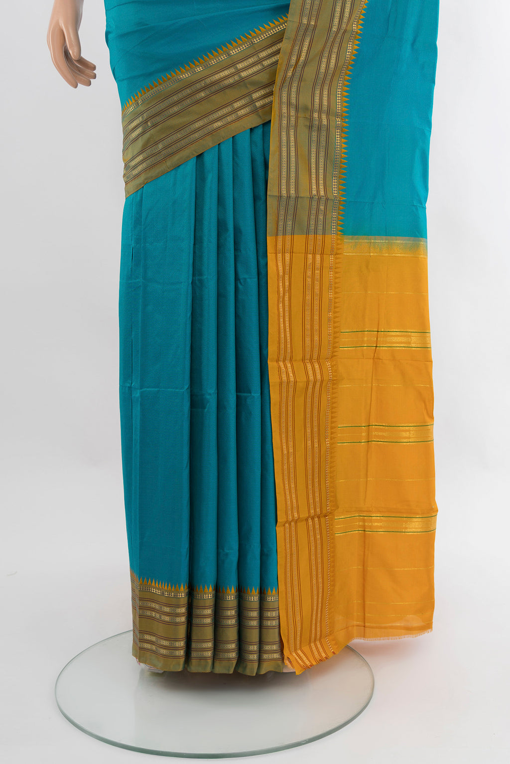 Pleats and pallu of Blue Narayanpet Silk Saree with Plain Body and Zari Border. 