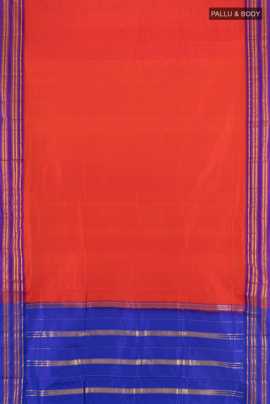 Flat view of Pure Silk Brick Orange Narayanpet Saree with Plain Body and Zari Border. 
