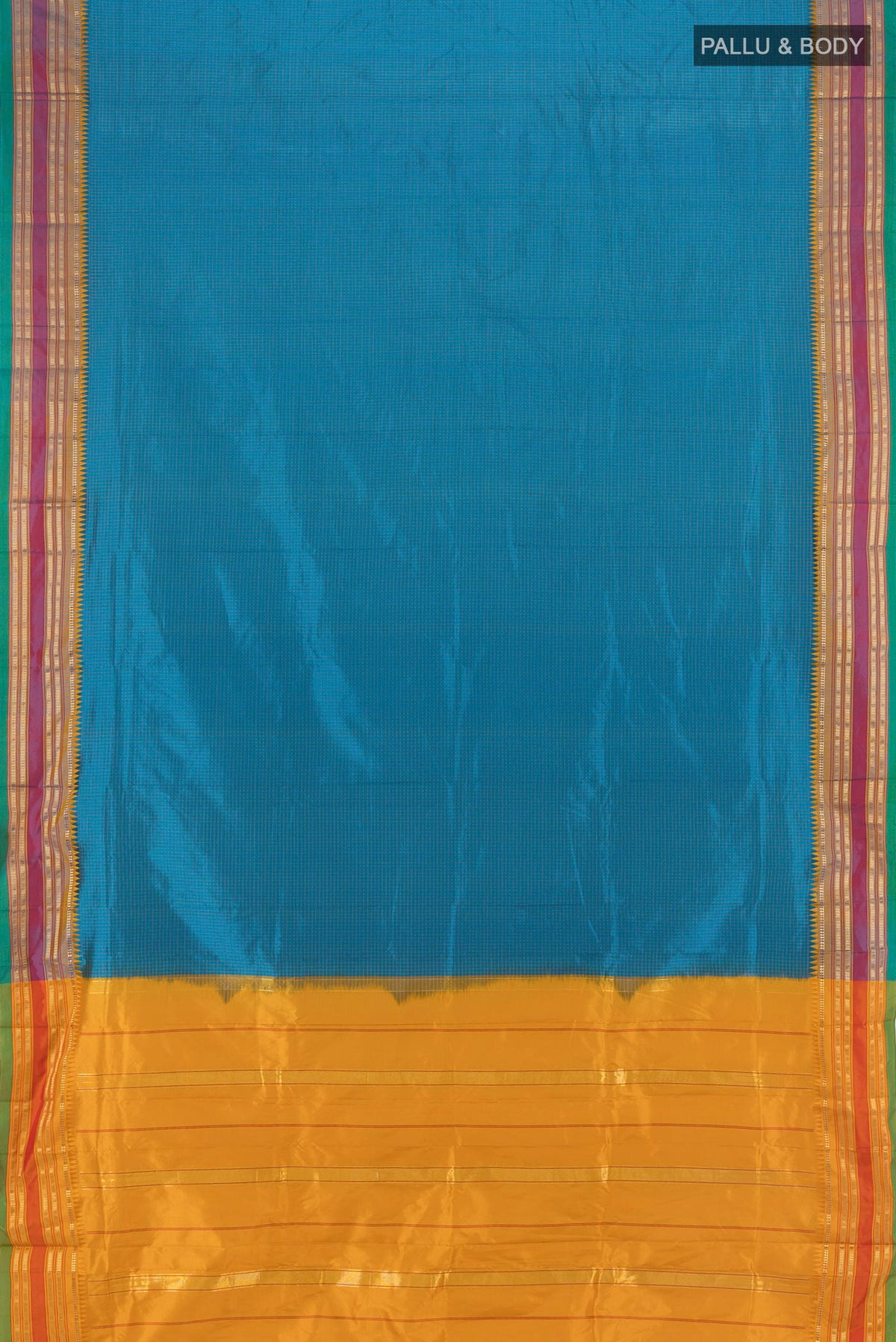 Flat view of Blue Narayanpet Silk Saree with Checked design on the body and Zari Border. 