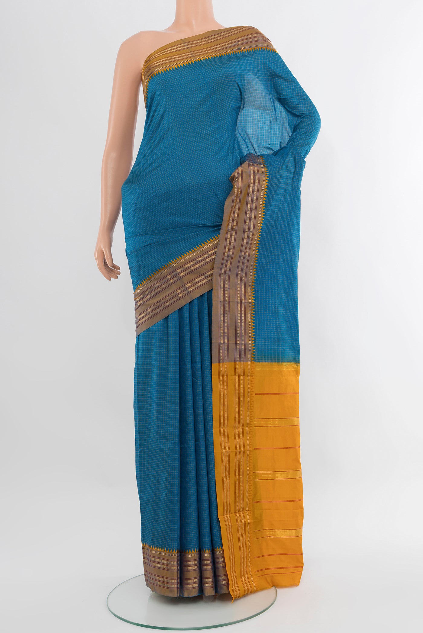 Light Blue Narayanpet Silk Saree with Plain Body and Zari Border.  displayed on a mannequin