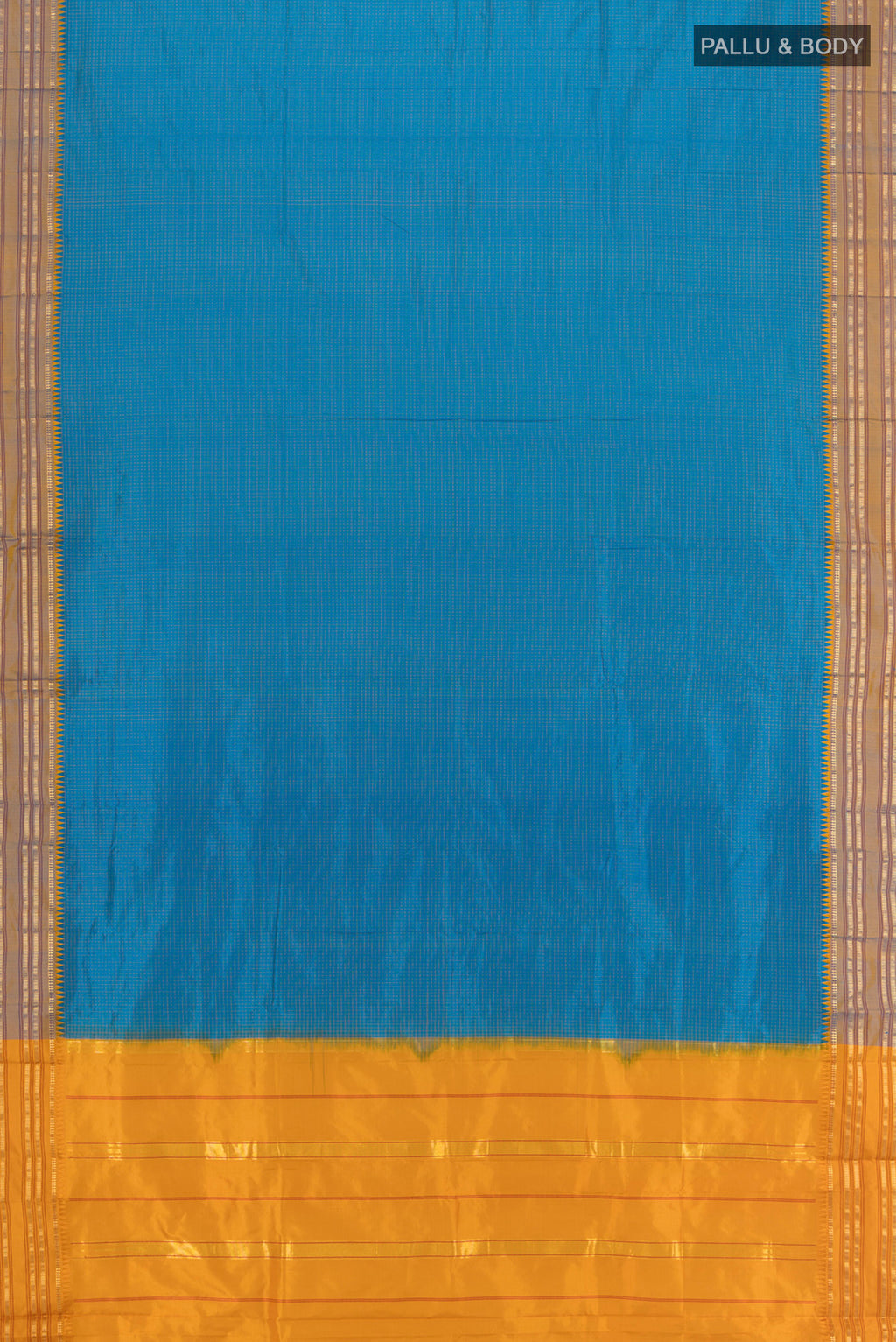 Flat view of Light Blue Narayanpet Silk Saree with Plain Body and Zari Border. 