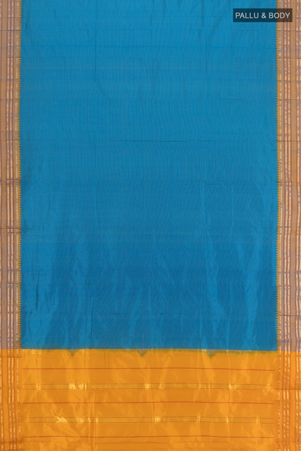 Flat view of Light Blue Narayanpet Silk Saree with Plain Body and Zari Border. 