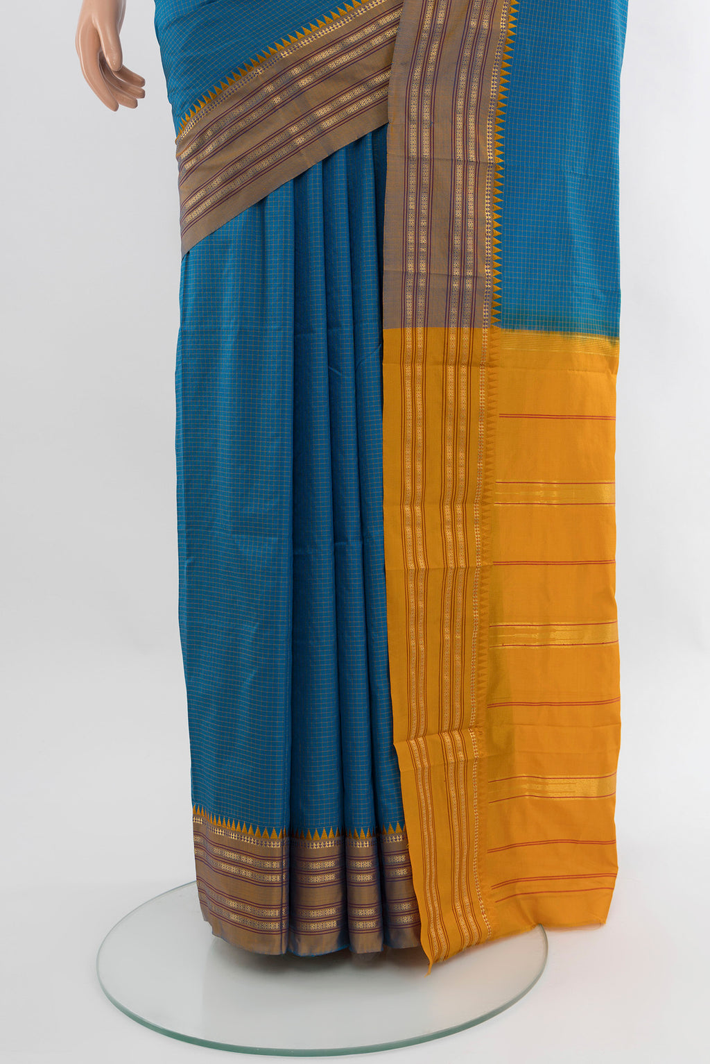 Pleats and pallu of Light Blue Narayanpet Silk Saree with Plain Body and Zari Border. 