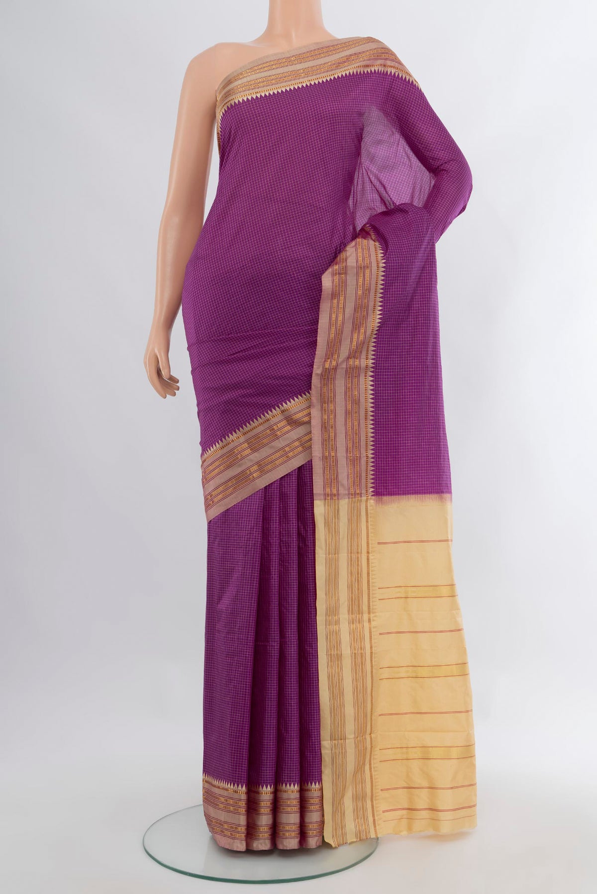 Violet Narayanpet Silk Saree with Checked design on the body and Zari Border.  displayed on a mannequin