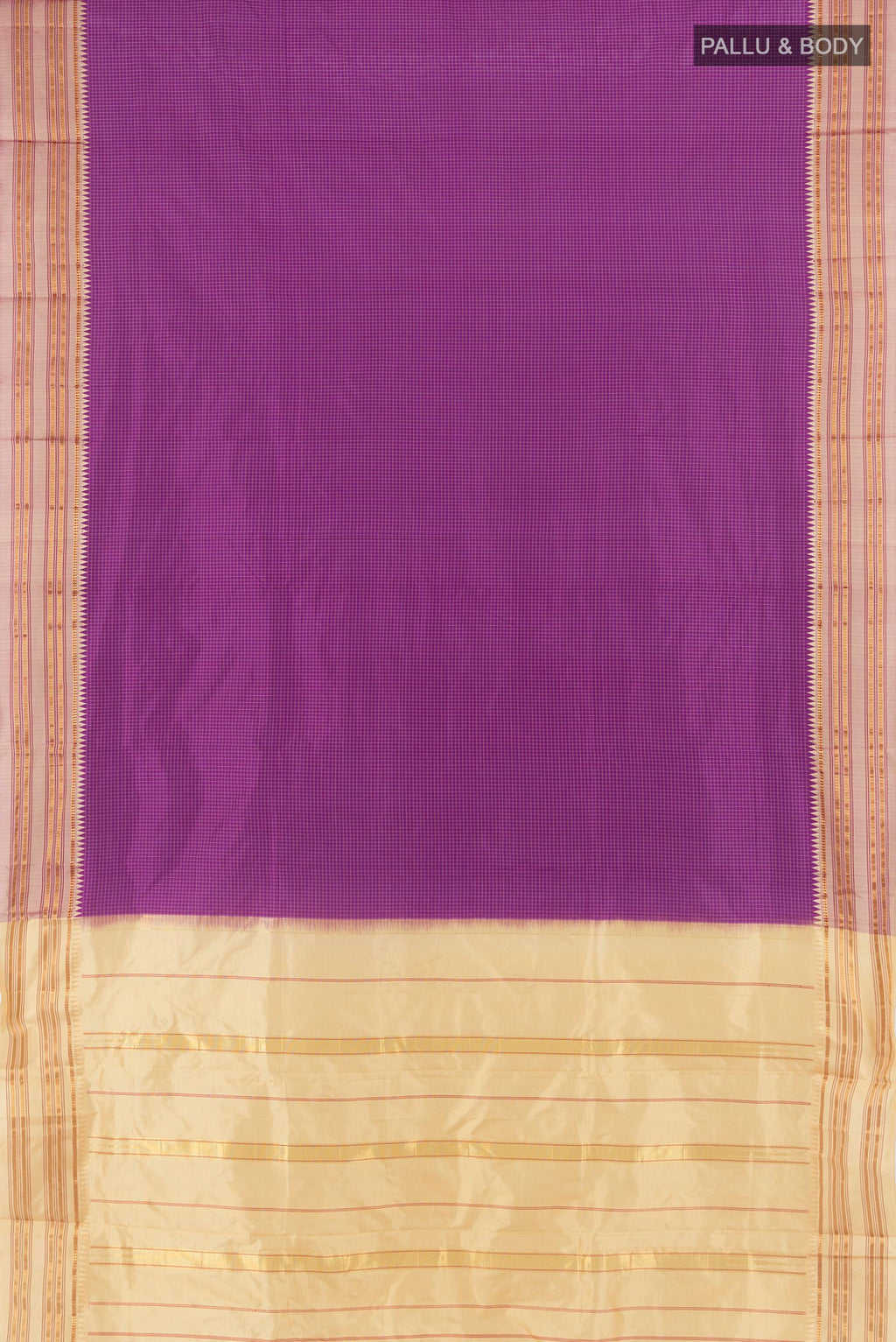 Flat view of Violet Narayanpet Silk Saree with Checked design on the body and Zari Border. 