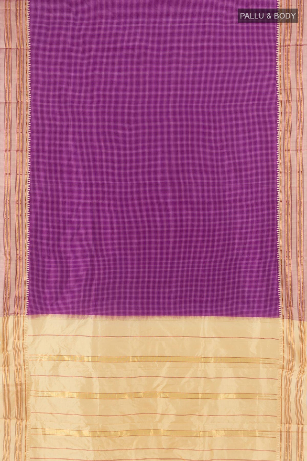 Flat view of Violet Narayanpet Silk Saree with Checked design on the body and Zari Border. 