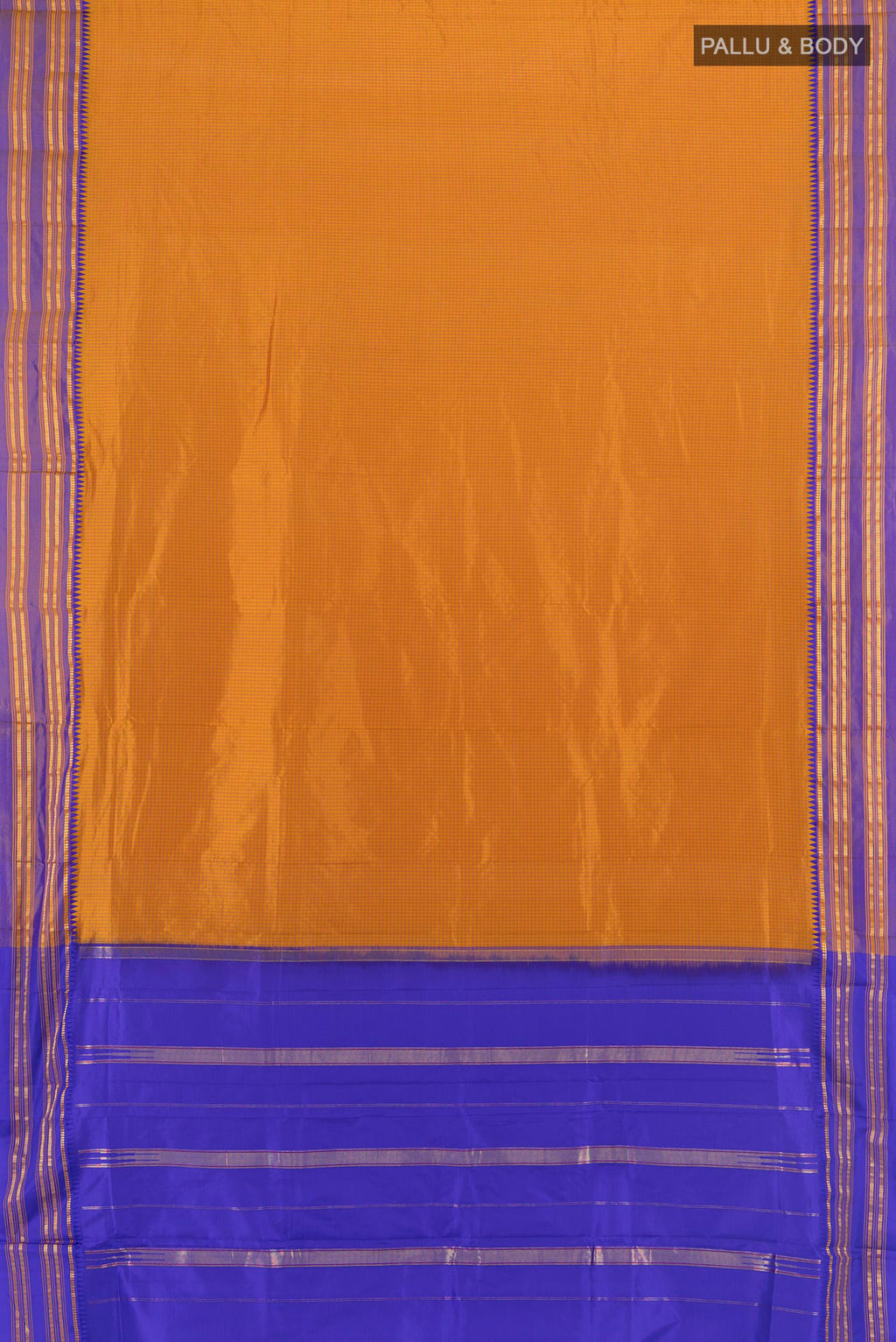 Flat view of Mustard Narayanpet Silk Saree with Checked design on the body and Zari Border. 