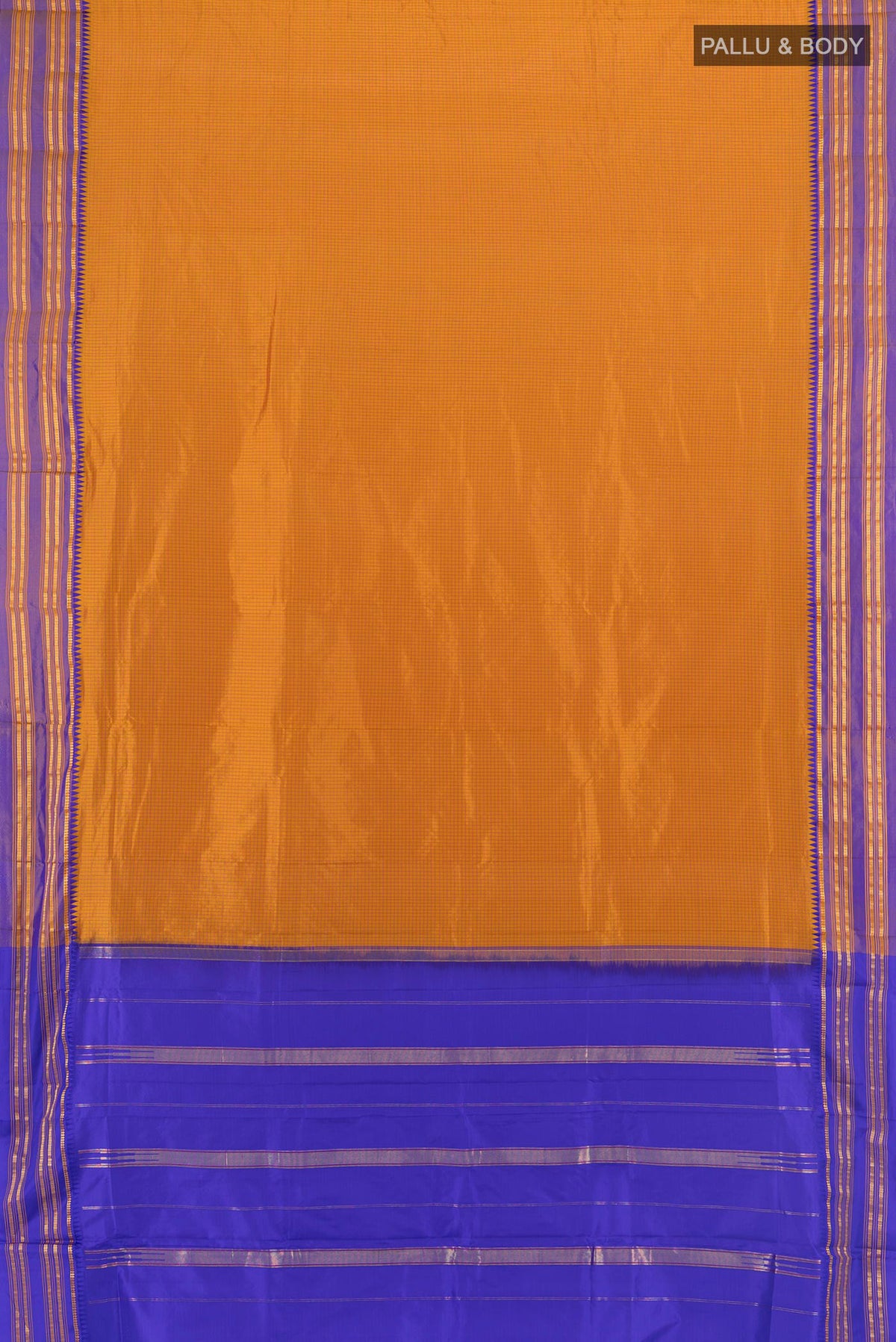 Flat view of Mustard Narayanpet Silk Saree with Checked design on the body and Zari Border. 