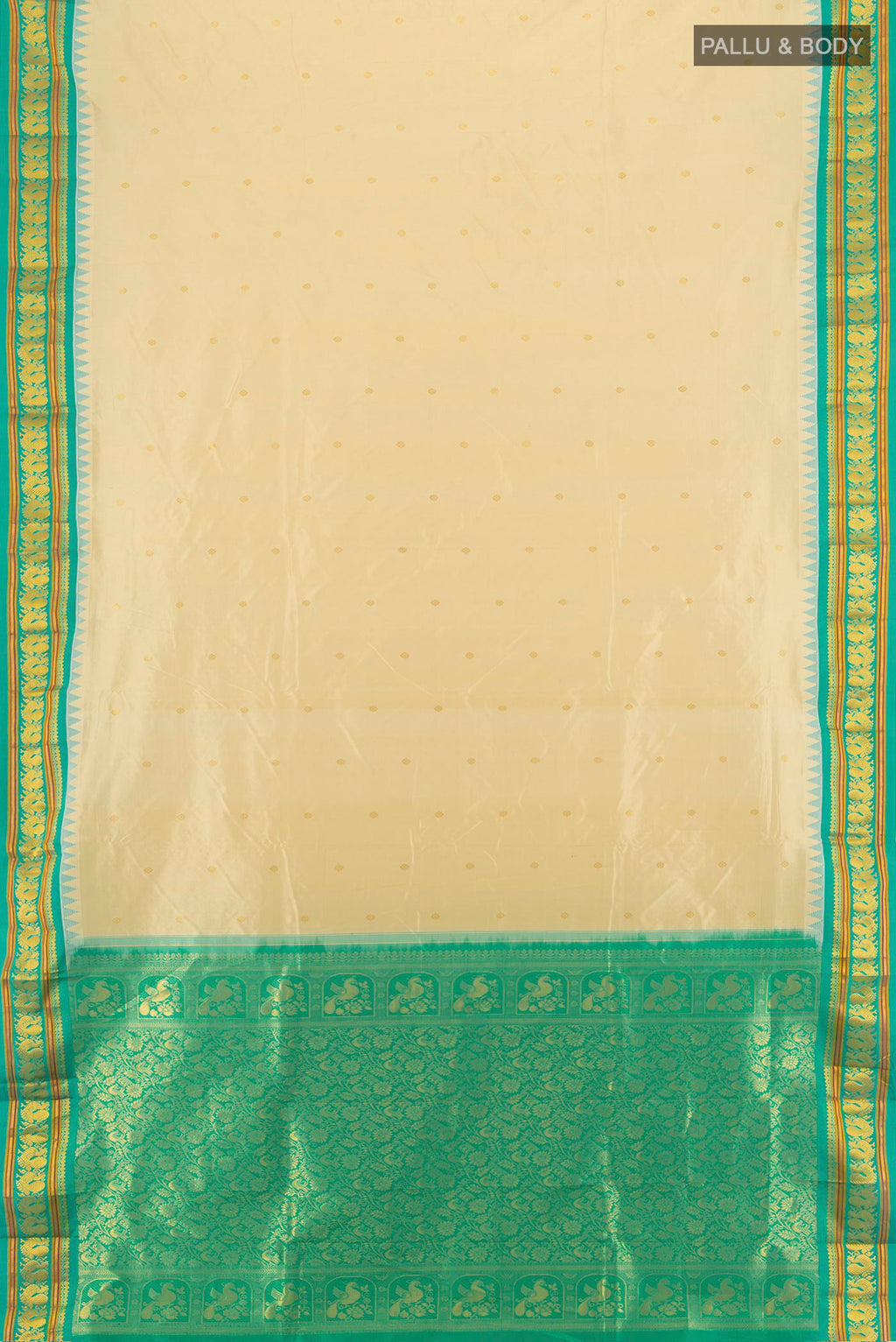 Flat view of Sandal Bangalore Silk - kadyal Saree with Zari Butta on the body and Zari Border. 