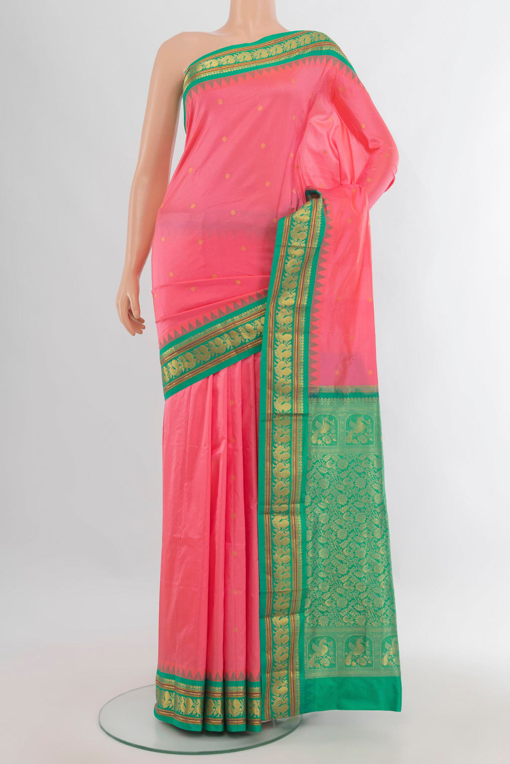 Pure Silk Peach Bangalore - kadyal Saree with Zari Butta on the body and Zari Border.  displayed on a mannequin