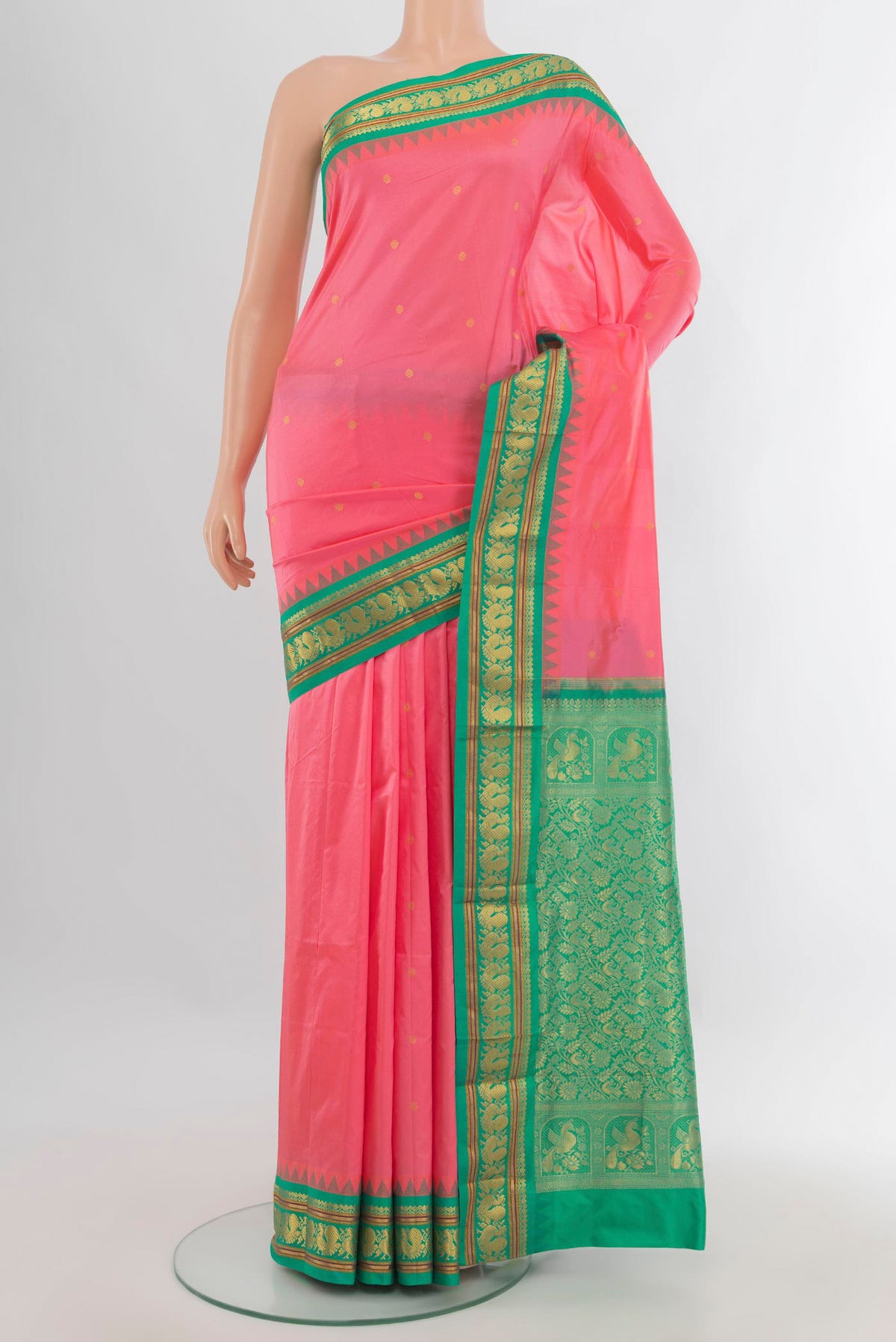 Pure Silk Peach Bangalore - kadyal Saree with Zari Butta on the body and Zari Border.  displayed on a mannequin