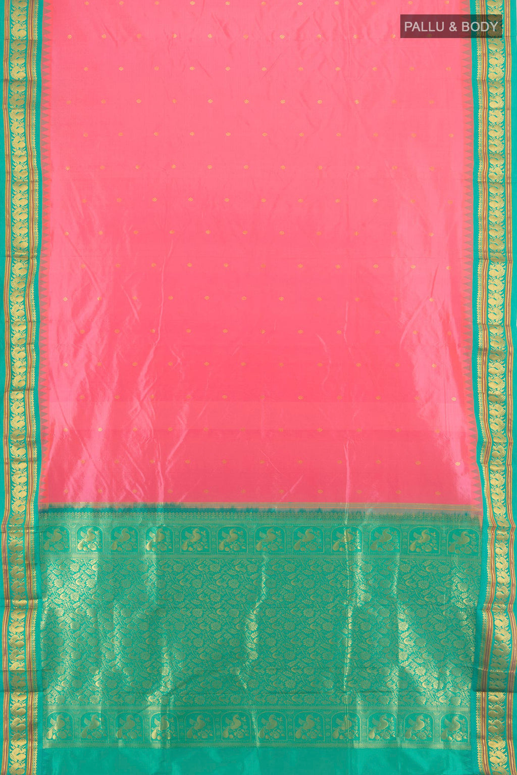 Flat view of Pure Silk Peach Bangalore - kadyal Saree with Zari Butta on the body and Zari Border. 