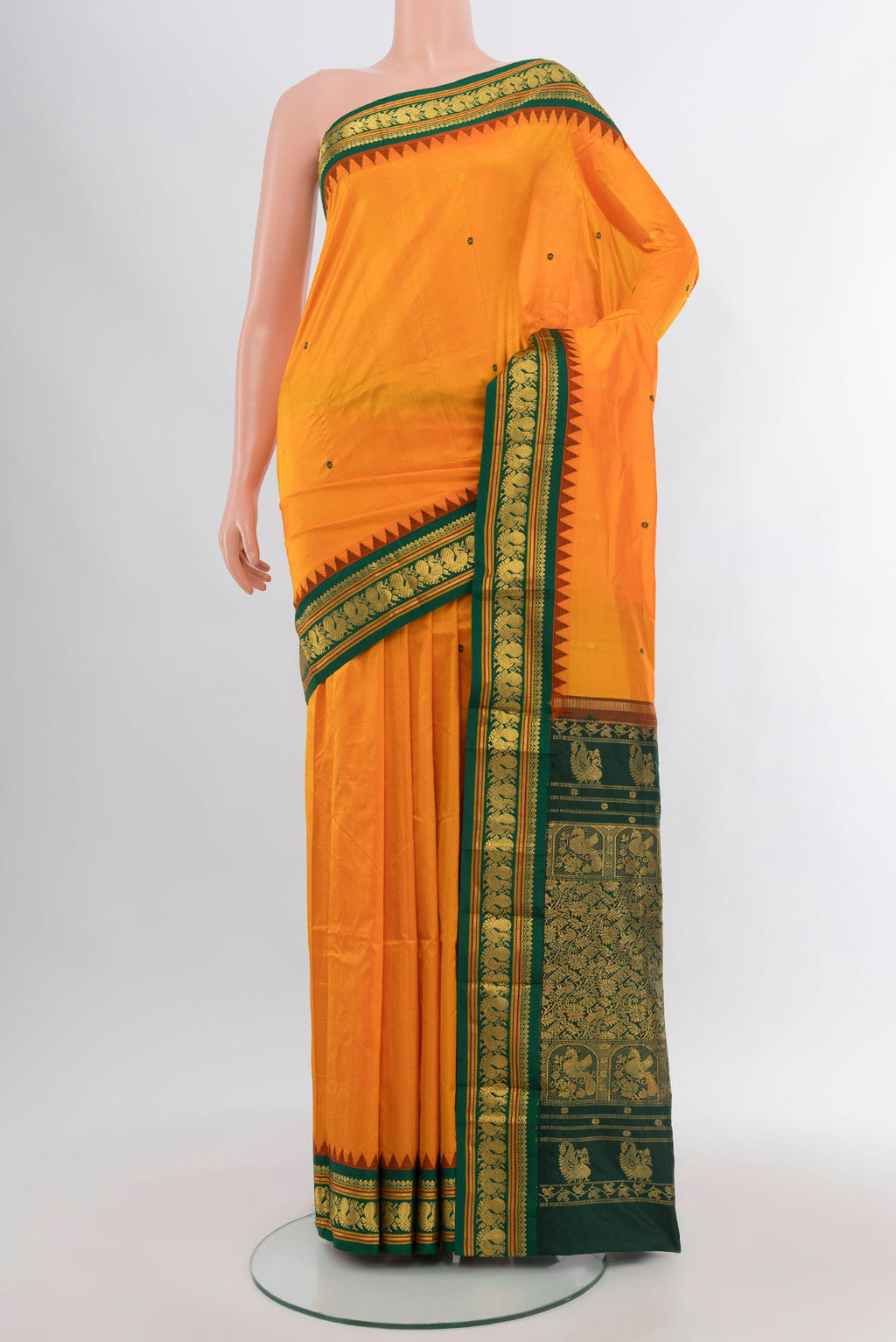 Yellow Bangalore Silk - kadyal Saree with Zari Butta on the body and Zari Border.  displayed on a mannequin