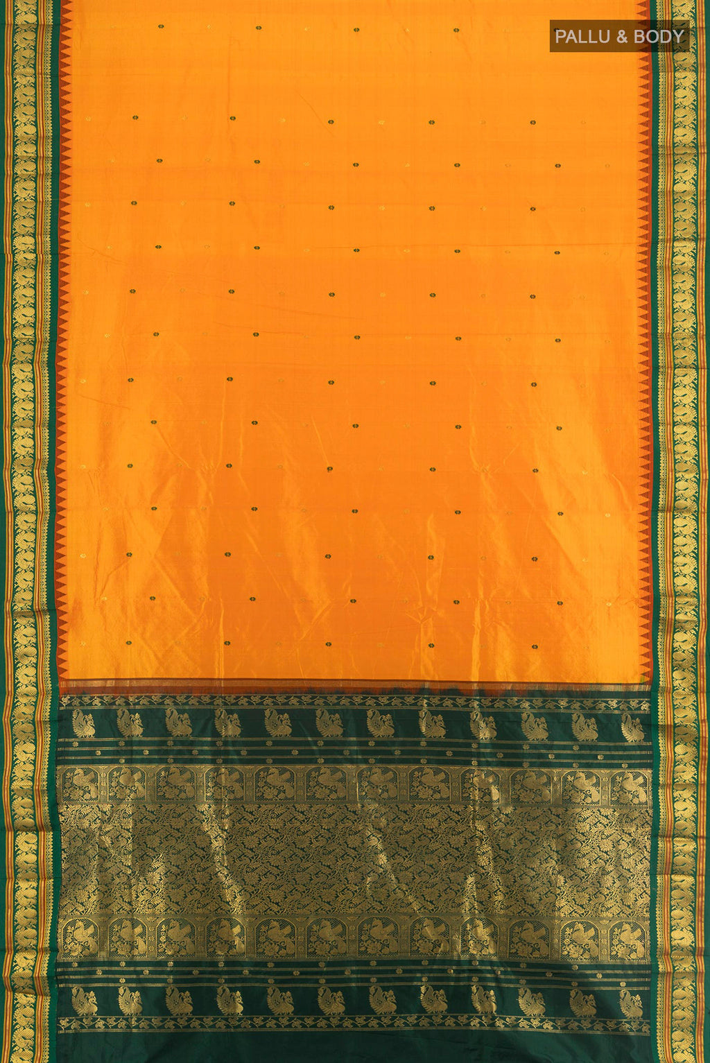 Flat view of Yellow Bangalore Silk - kadyal Saree with Zari Butta on the body and Zari Border. 