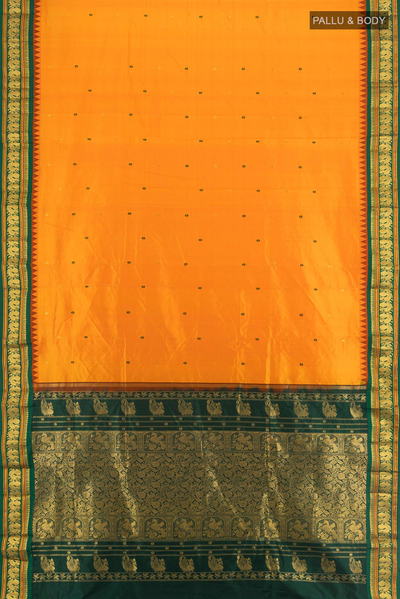 Flat view of Yellow Bangalore Silk - kadyal Saree with Zari Butta on the body and Zari Border. 