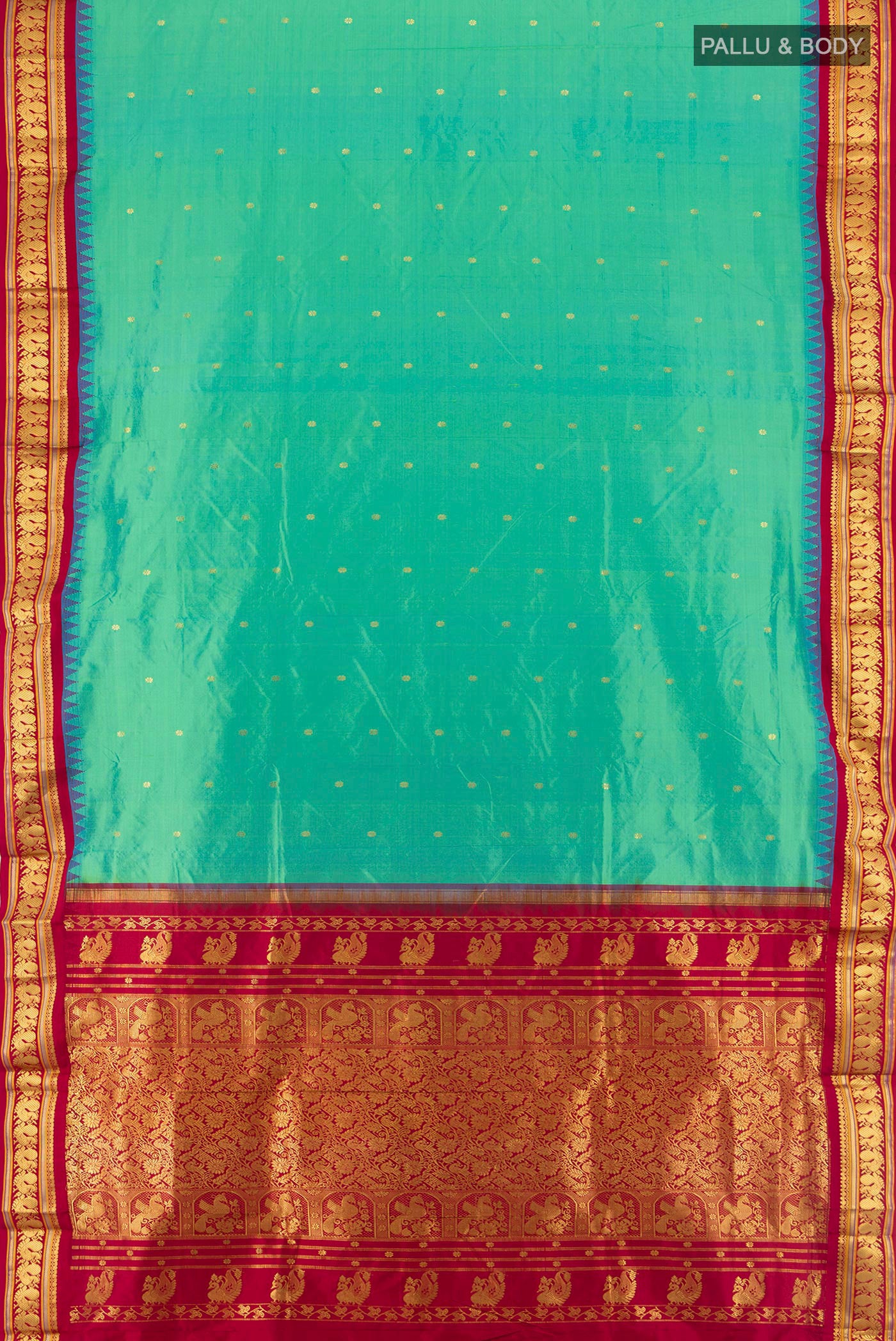 Flat view of Multi Color Bangalore Silk - kadyal Saree with Zari Butta on the body and Zari Border. 