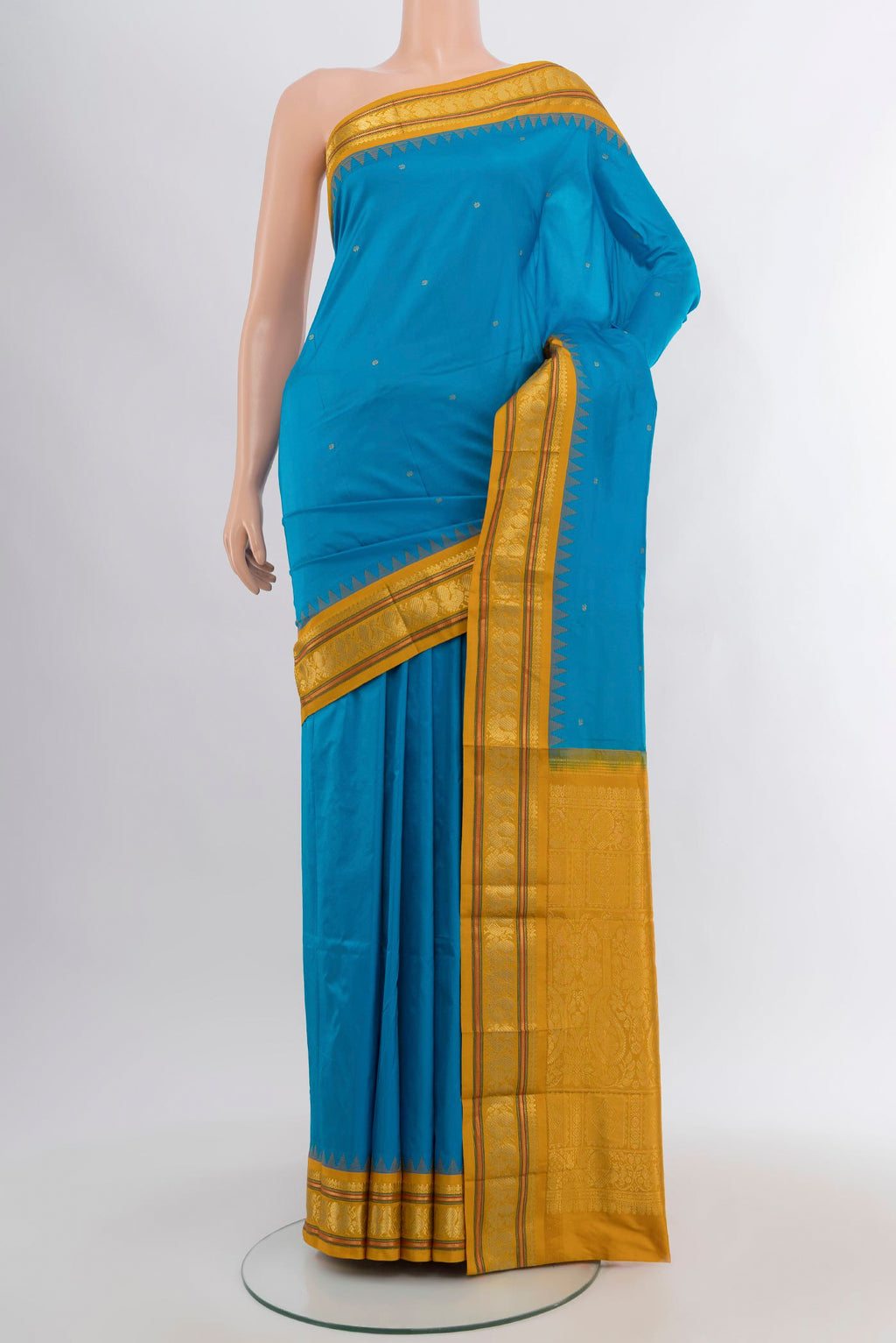 Sky Blue Bangalore Silk - kadyal Saree with Zari Butta on the body and Zari Border.  displayed on a mannequin