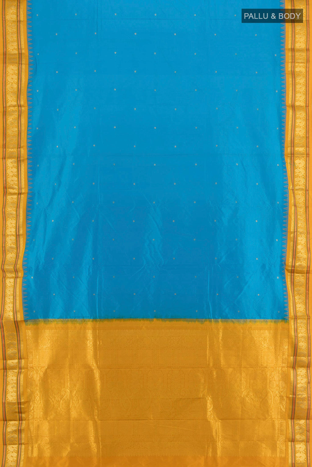 Flat view of Sky Blue Bangalore Silk - kadyal Saree with Zari Butta on the body and Zari Border. 