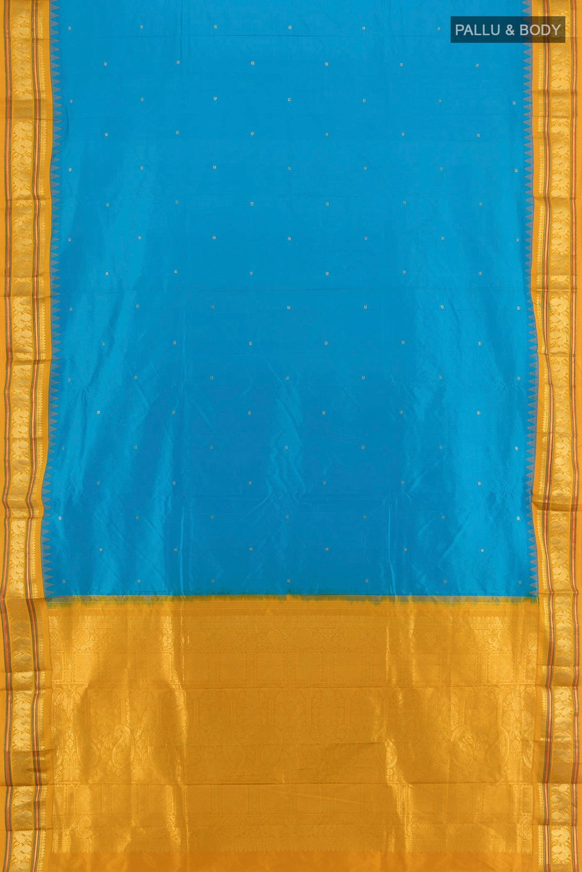 Flat view of Sky Blue Bangalore Silk - kadyal Saree with Zari Butta on the body and Zari Border. 