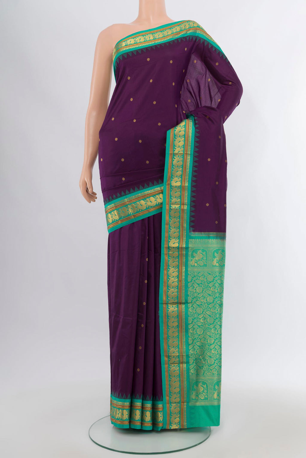 Purple Bangalore Silk - kadyal Saree with Zari Butta on the body and Zari Border.  displayed on a mannequin