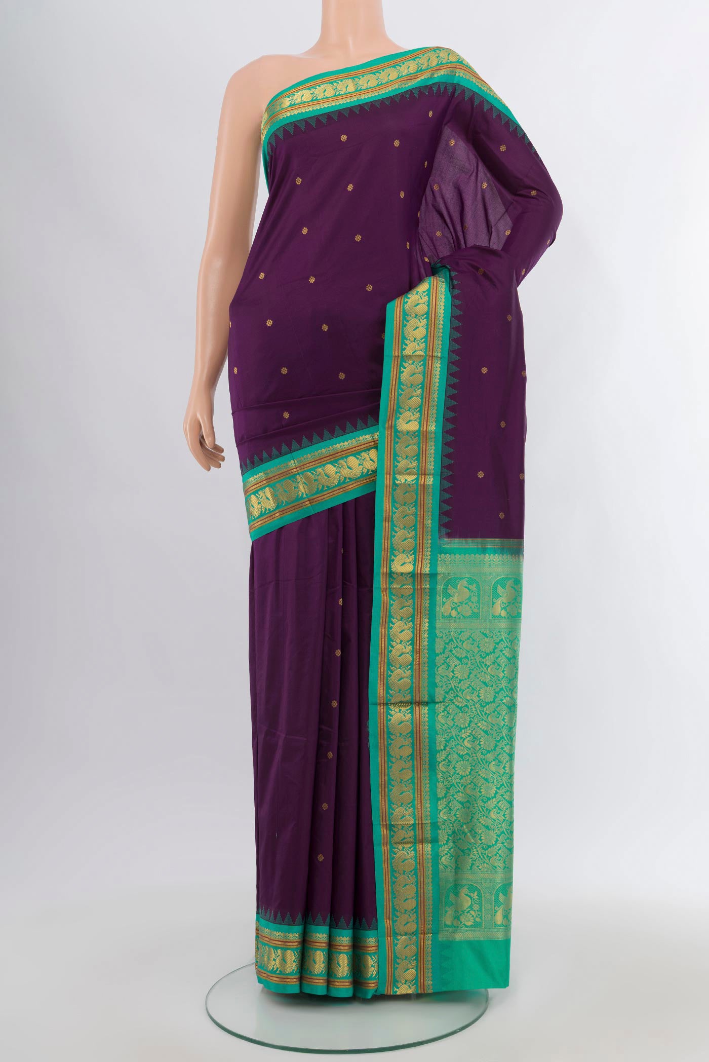Purple Bangalore Silk - kadyal Saree with Zari Butta on the body and Zari Border.  displayed on a mannequin