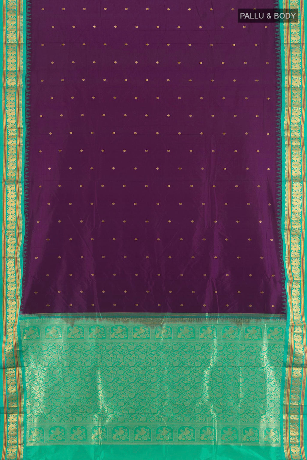 Flat view of Purple Bangalore Silk - kadyal Saree with Zari Butta on the body and Zari Border. 