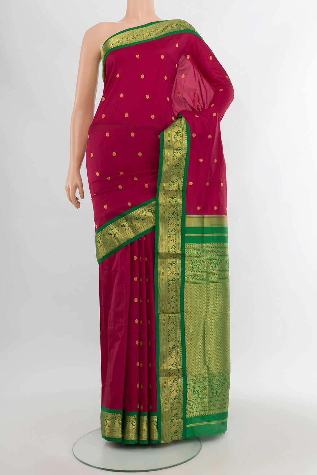 Maroon Bangalore Silk - kadyal Saree with Zari Butta on the body and Zari Border.  displayed on a mannequin