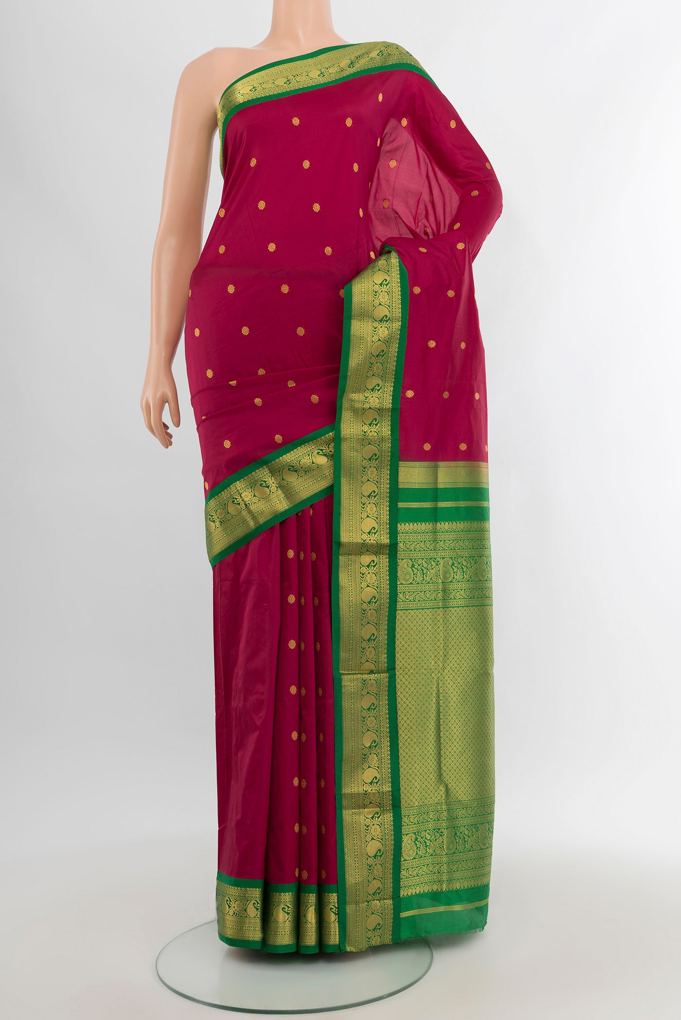Maroon Bangalore Silk - kadyal Saree with Zari Butta on the body and Zari Border.  displayed on a mannequin