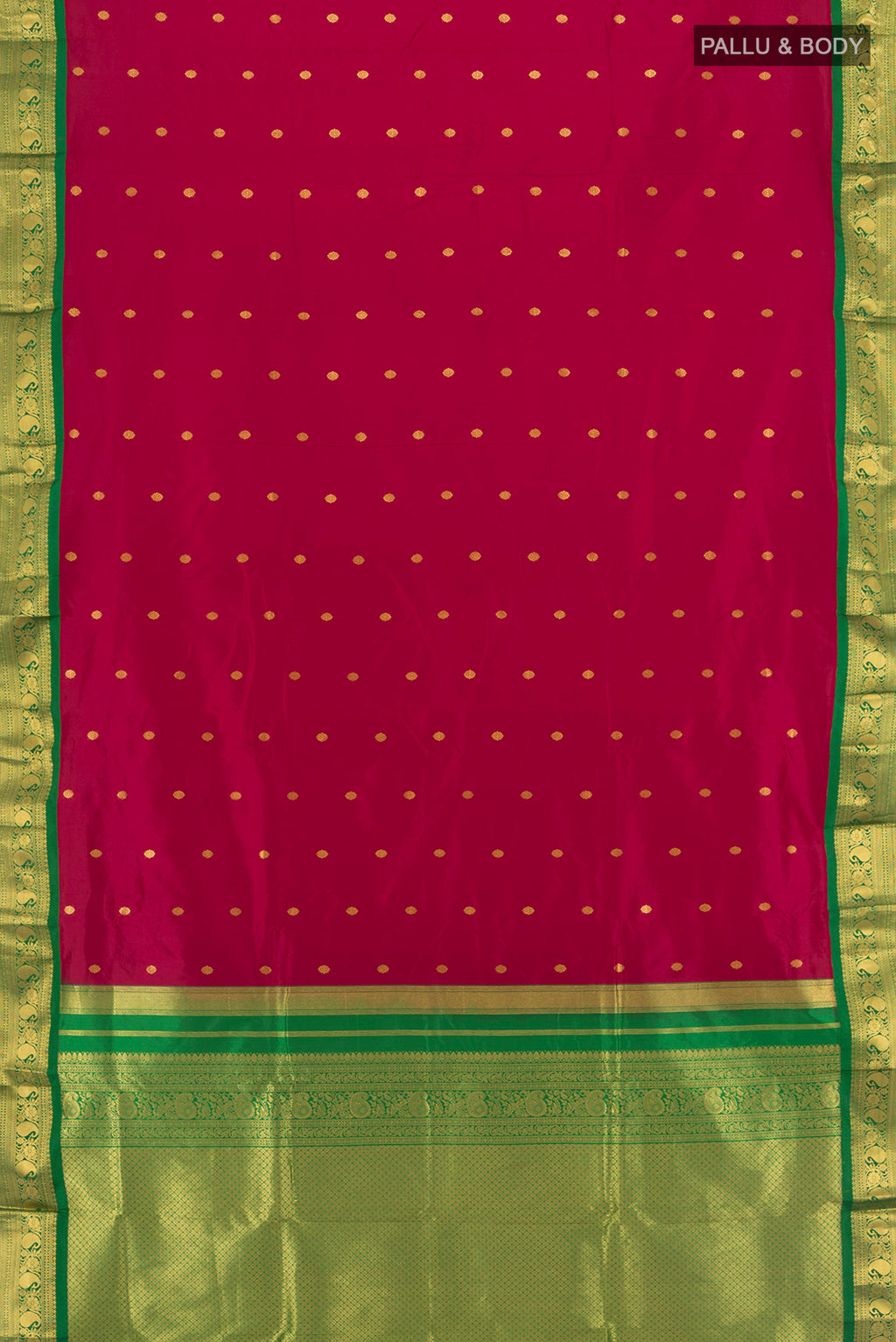 Flat view of Maroon Bangalore Silk - kadyal Saree with Zari Butta on the body and Zari Border. 