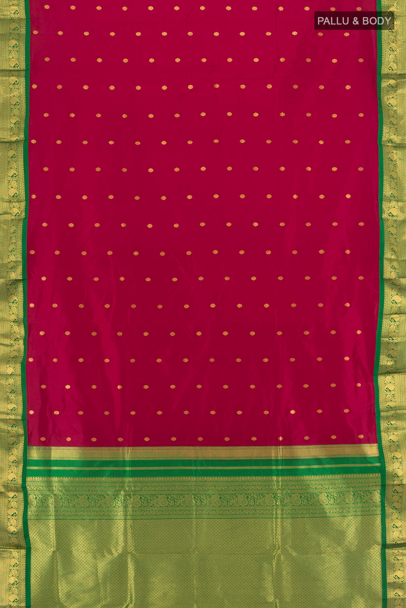 Flat view of Maroon Bangalore Silk - kadyal Saree with Zari Butta on the body and Zari Border. 