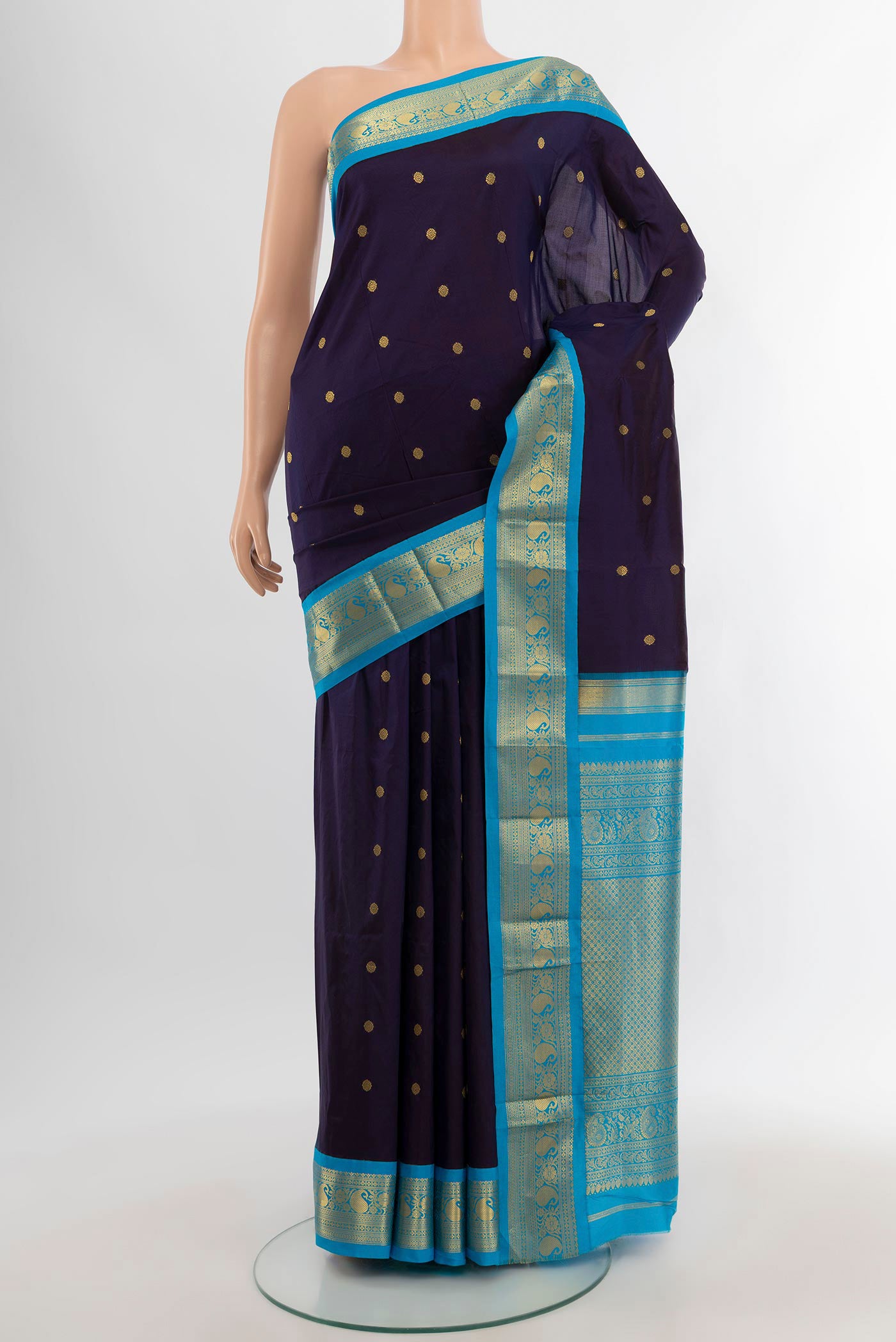 Navy Blue Bangalore Silk - kadyal Saree with Zari Butta on the body and Zari Border.  displayed on a mannequin