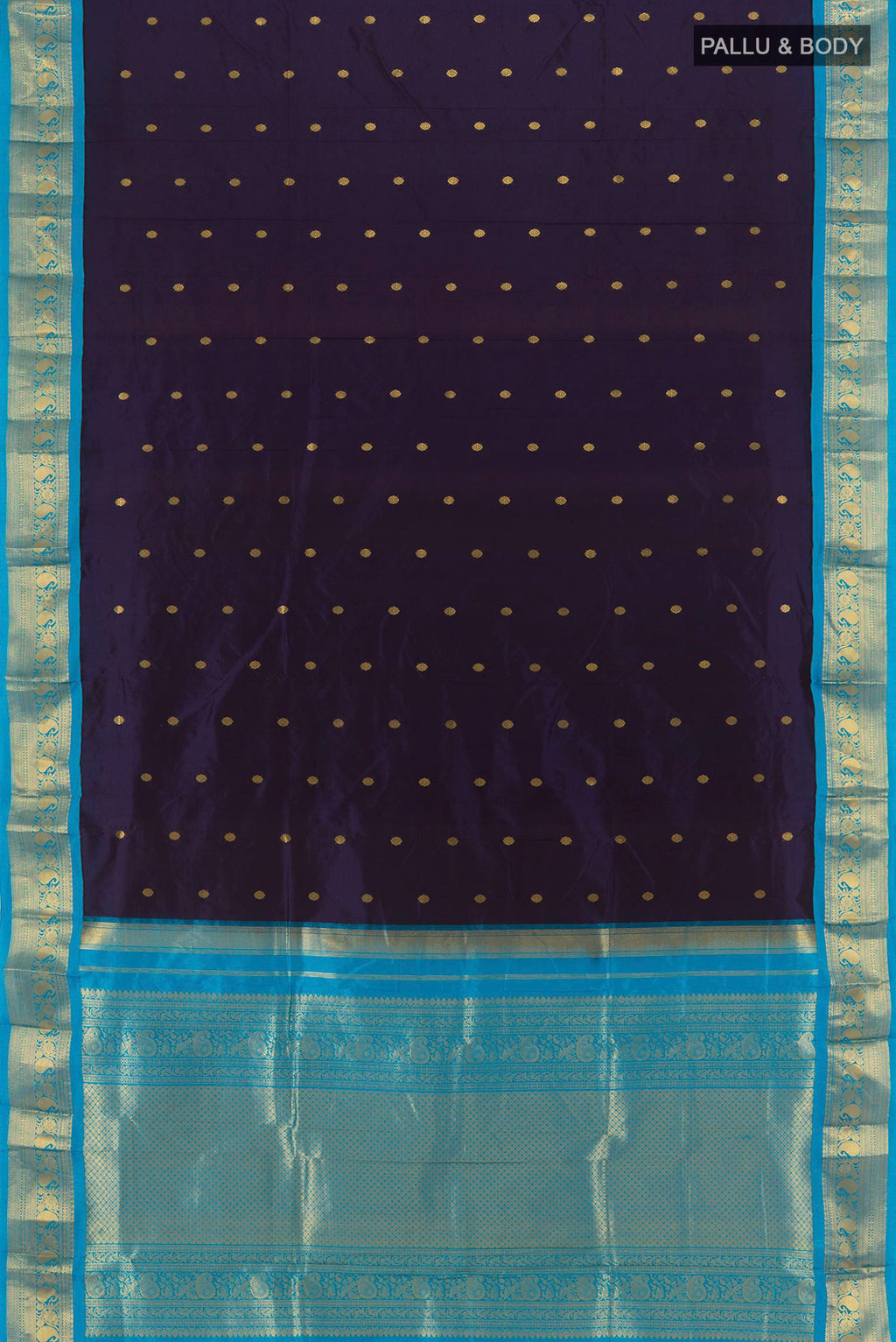 Flat view of Navy Blue Bangalore Silk - kadyal Saree with Zari Butta on the body and Zari Border. 